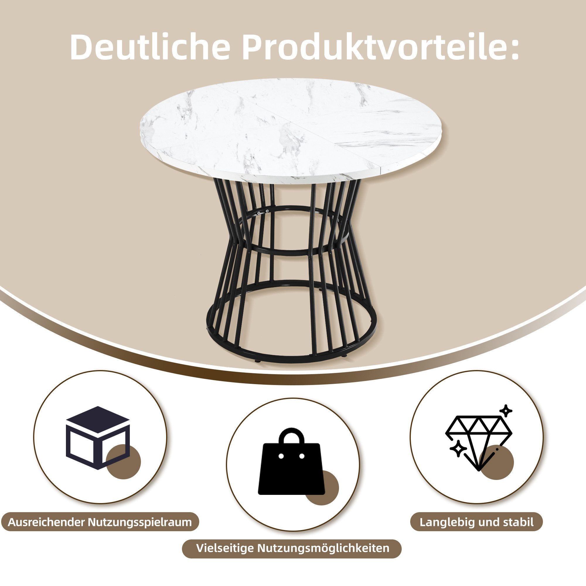 Flieks Esstisch runde Tischplatte in Marmoroptik Weiß (100x75 cm, 1-St., 1 Tisch), Küchentisch Bürotisch Multifunktionstisch, Metallgestell Schwarz – Bild 4 von 5