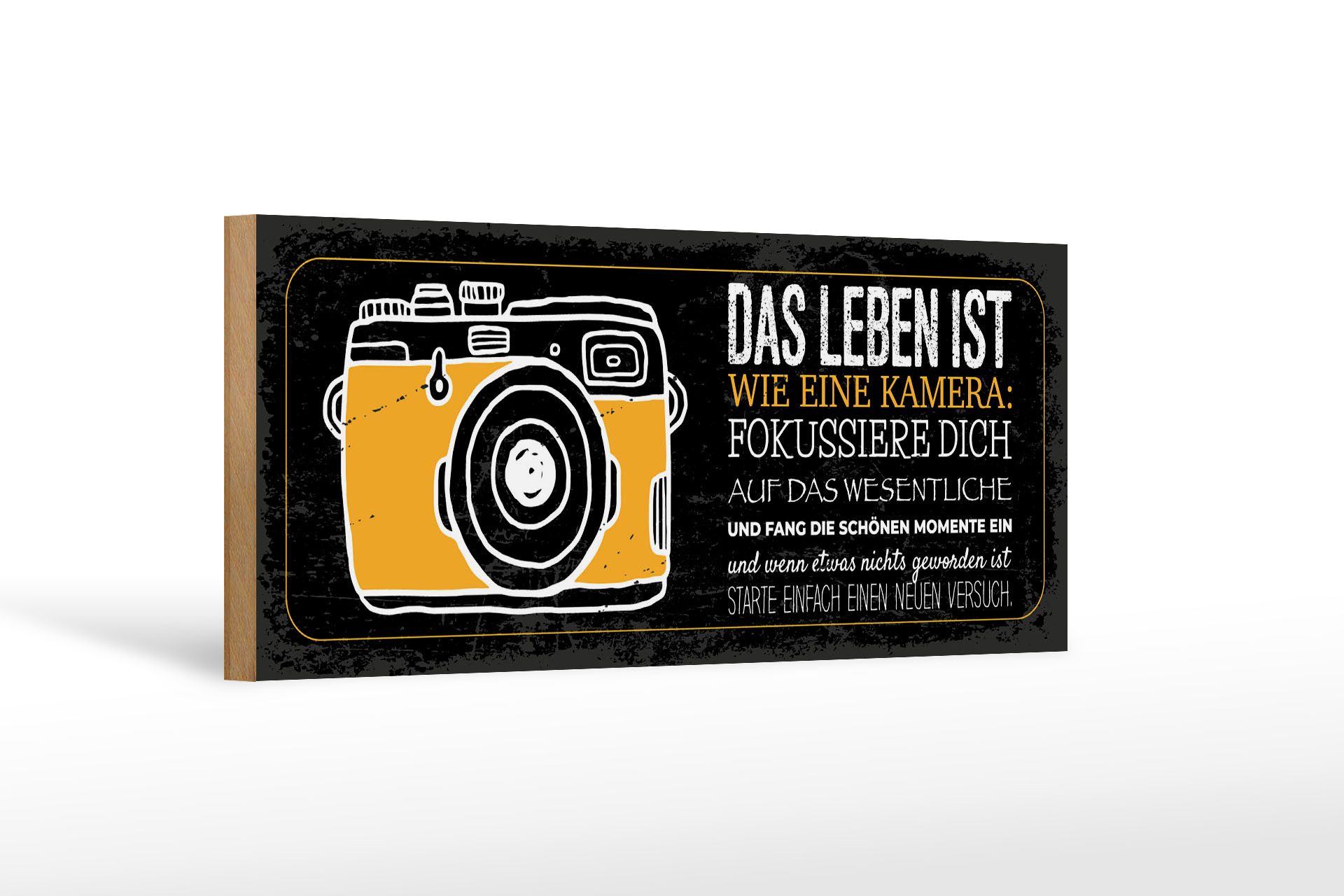 Femer GmbH Holzbild Spruch 27x10 cm Leben ist wie Kamera Fokussiere Dich auf Wesentliche, (1 St), Glatte Holzfaserplatte (MDF), vorn beschichtet