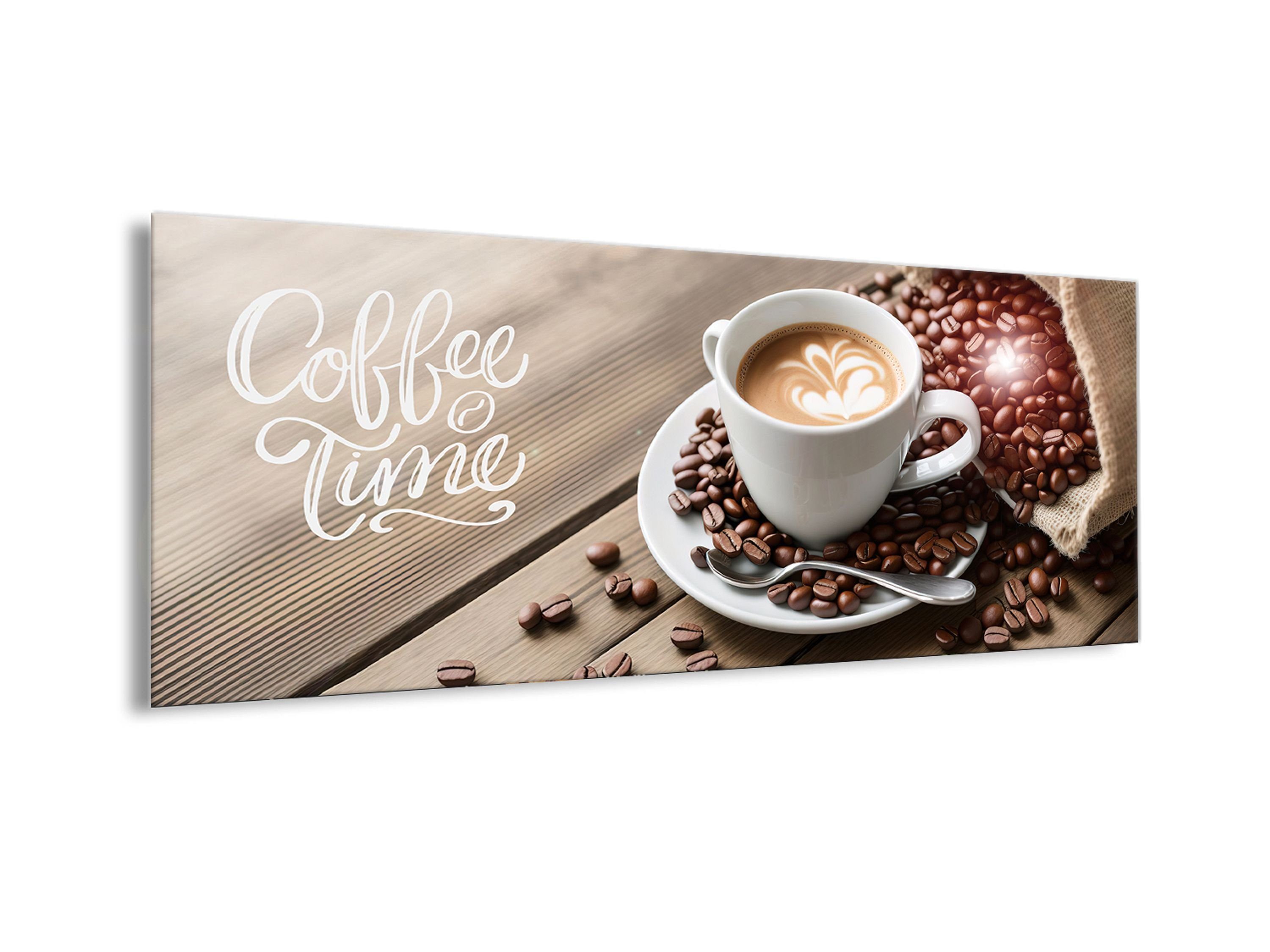 Essen Cafe Glasbild Glasbild und Trinken: 80x30cm Bild Kaffeetasse Kaffebohnen Küchenbild artissimo Küche braun, Glas / Kaffee aus