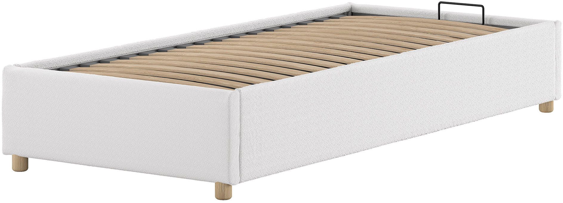 Vipack Polsterliege Moon, ideal unter Dachschrägen einsetzbar, Bettkasten bietet Stauraum (Liegefläche 90 x 200 cm, inkl. Lattenrost vom Fußteil aufzuklappen), Massivholzfüße, Bezug mit flauschigem Bouclé Stoff wahlweise 3 Farben