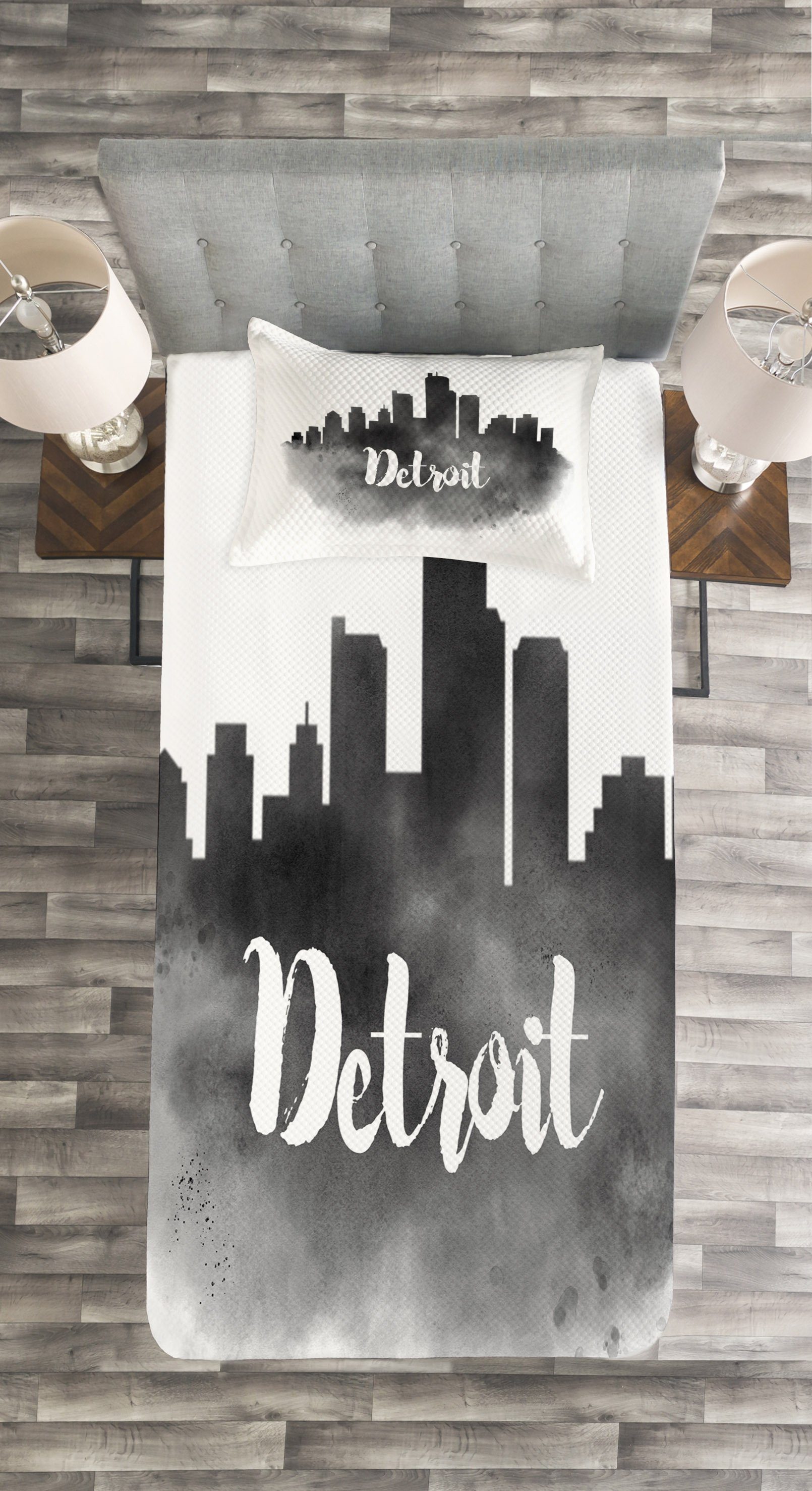 Set Waschbar, Tagesdecke Kissenbezügen Schwarz Abakuhaus, Smoky Stadtbild Detroit mit