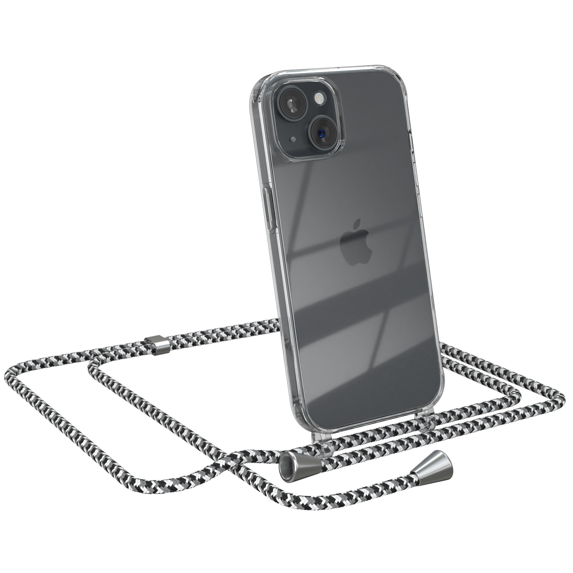 EAZY CASE Handykette mit-/ ohne Magsafe Hülle für iPhone 15 6,1 Zoll, Kette zum Umhängen mit Umhängeband mit Riemen Schwarz Camouflage