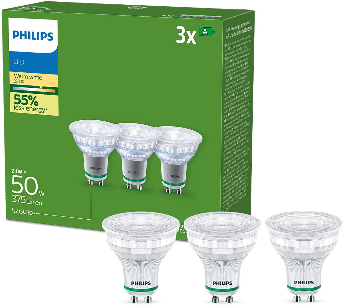 Philips LED-Leuchtmittel UltraEfficient 50W, GU10, 3 St., Warmweiß, 2700 K, 3er Set, warmweiß, 375 Lumen, EyeComfort
