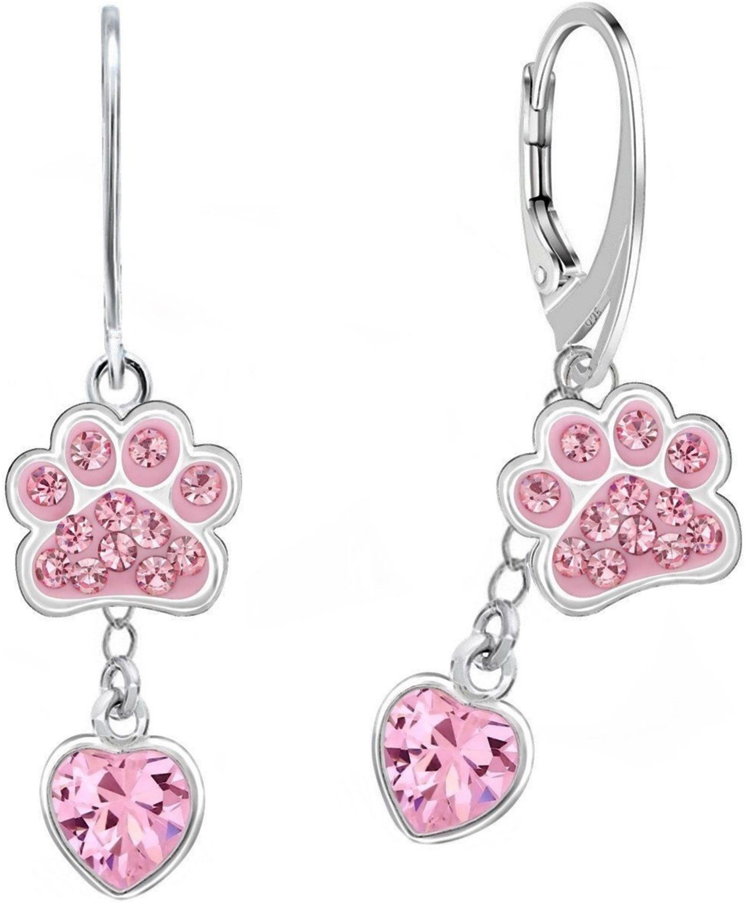 Goldene Hufeisen Paar Ohrhänger Pfoten mit Rosa Herz Zirkonia Ohrringe 925 Silber (1 Paar, inkl. Etui)