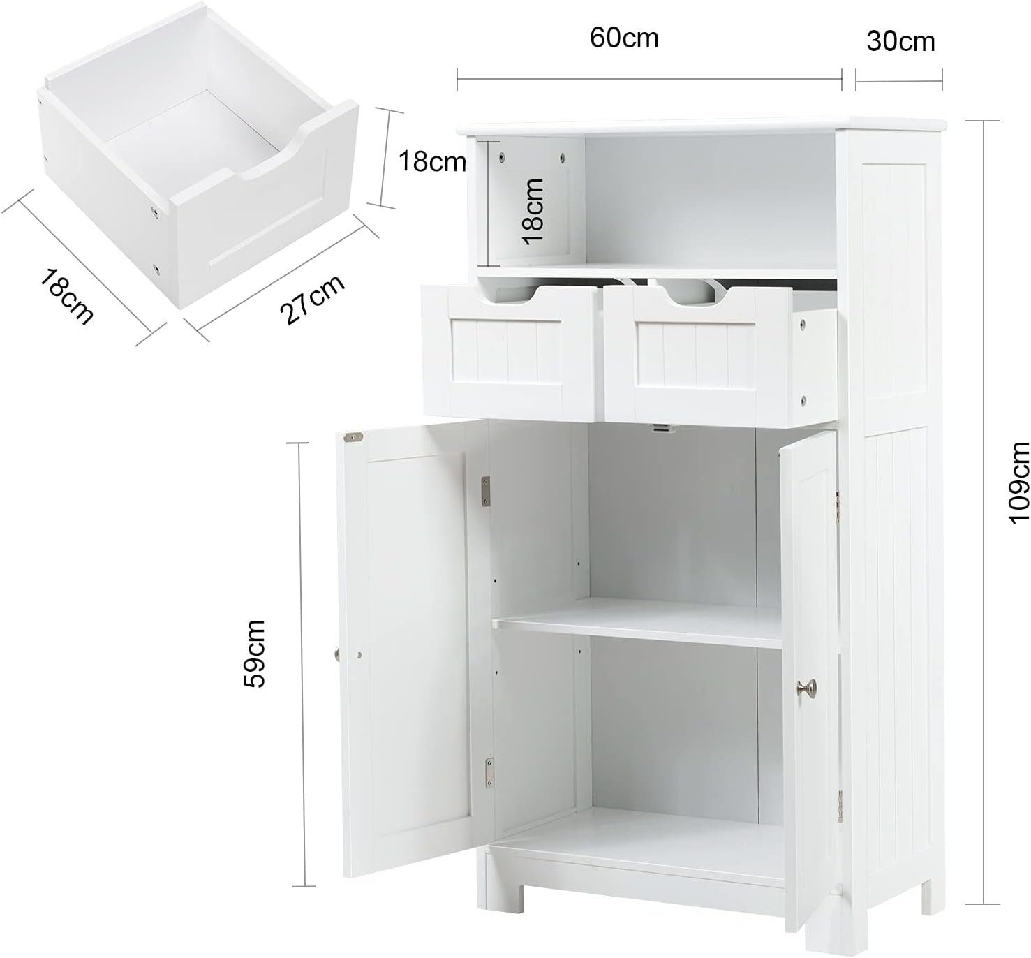 KOMFOTTEU Midischrank Badezimmerschrank 60x30x109cm,mit 2 Schubladen