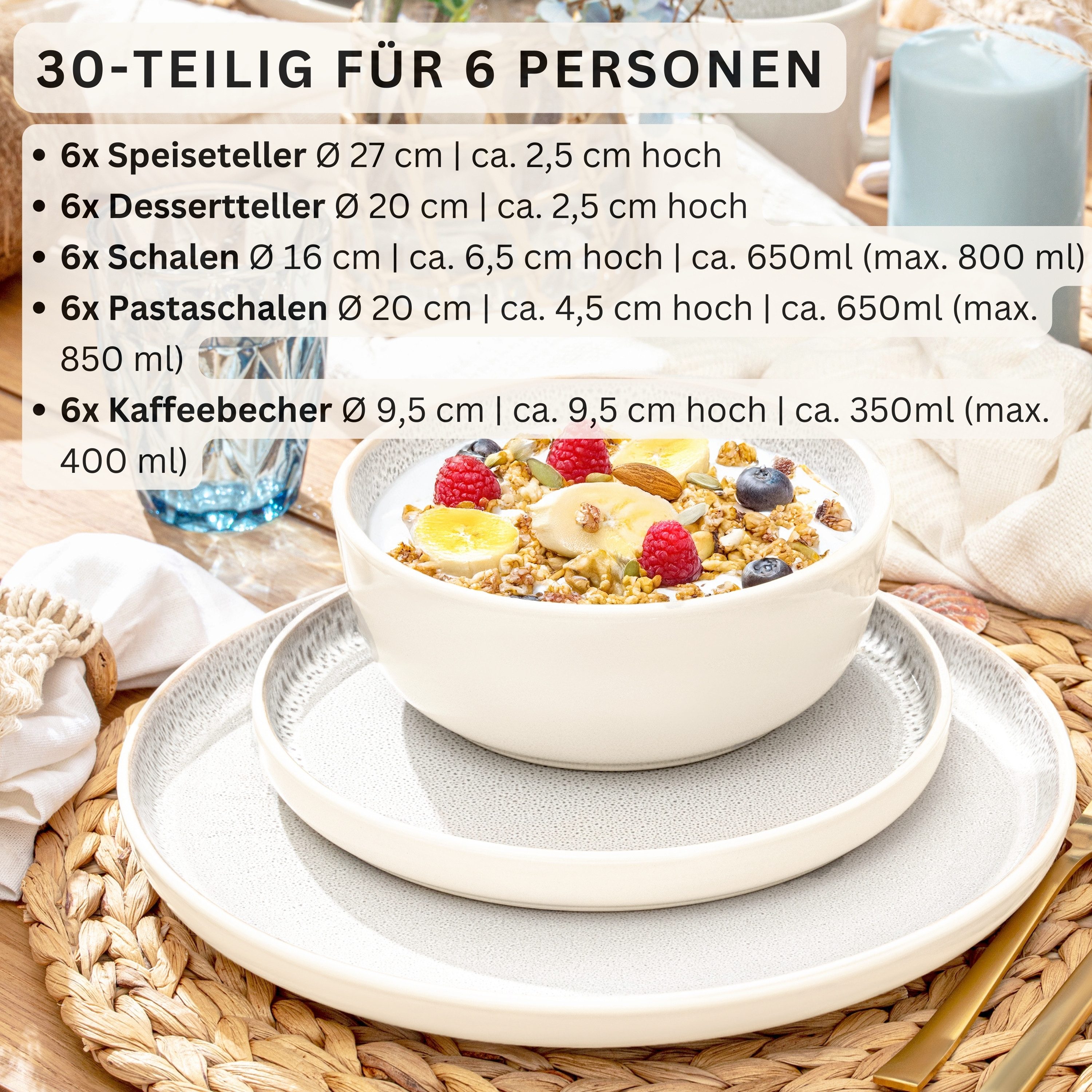 SÄNGER Tafelservice Kreta Geschirrset (30-tlg), 6 Personen, Steingut, Creme-Blau, Handmade, Erweiterbar, VALUE COLLECTION – Bild 2 von 5