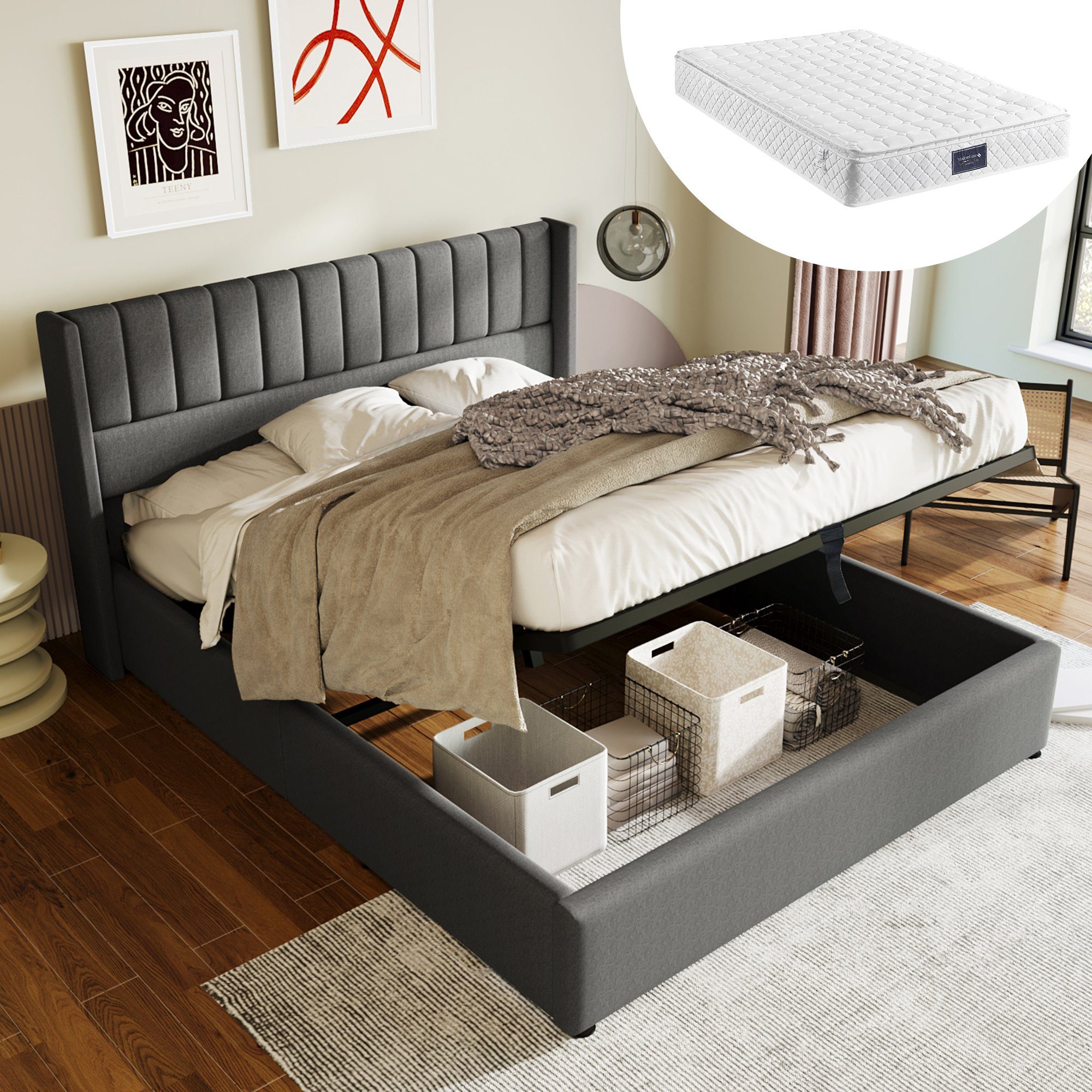 Boxspringbett (Funktionsbett, Doppelbett Hydraulisches Bett mit Lattenrost), Polsterbett Stauraumbett 140x200 cm, Lattenrost aus Holz, Leinen