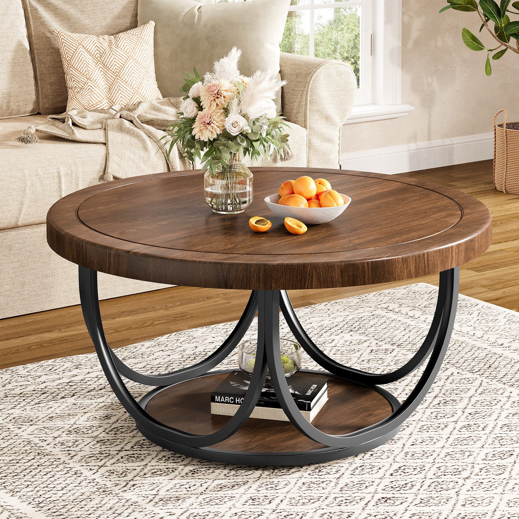 Tribesigns Couchtisch 80 cm runder Sofatisch mit 2 Ebenen, Wohnzimmertisch, Beistelltisch