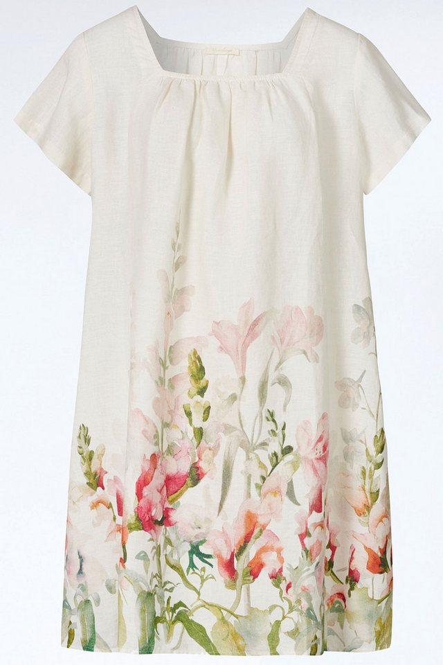 Himalaya Clothing Sommerkleid Kleid Damen mit floralem Aquarell-Print - Kurzarm Kleid aus Leinen Edles Midikleid atmungsaktiv & klimaregulierend