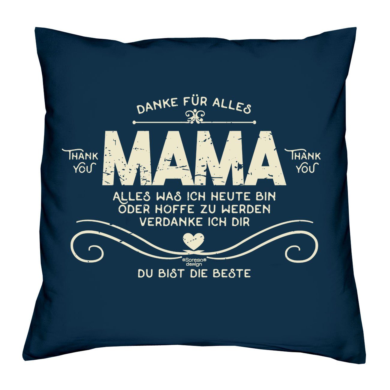 Soreso® Dekokissen Kissen Danke Mama & Urkunde, Geschenkidee Weihnachtsgeschenk navy-blau