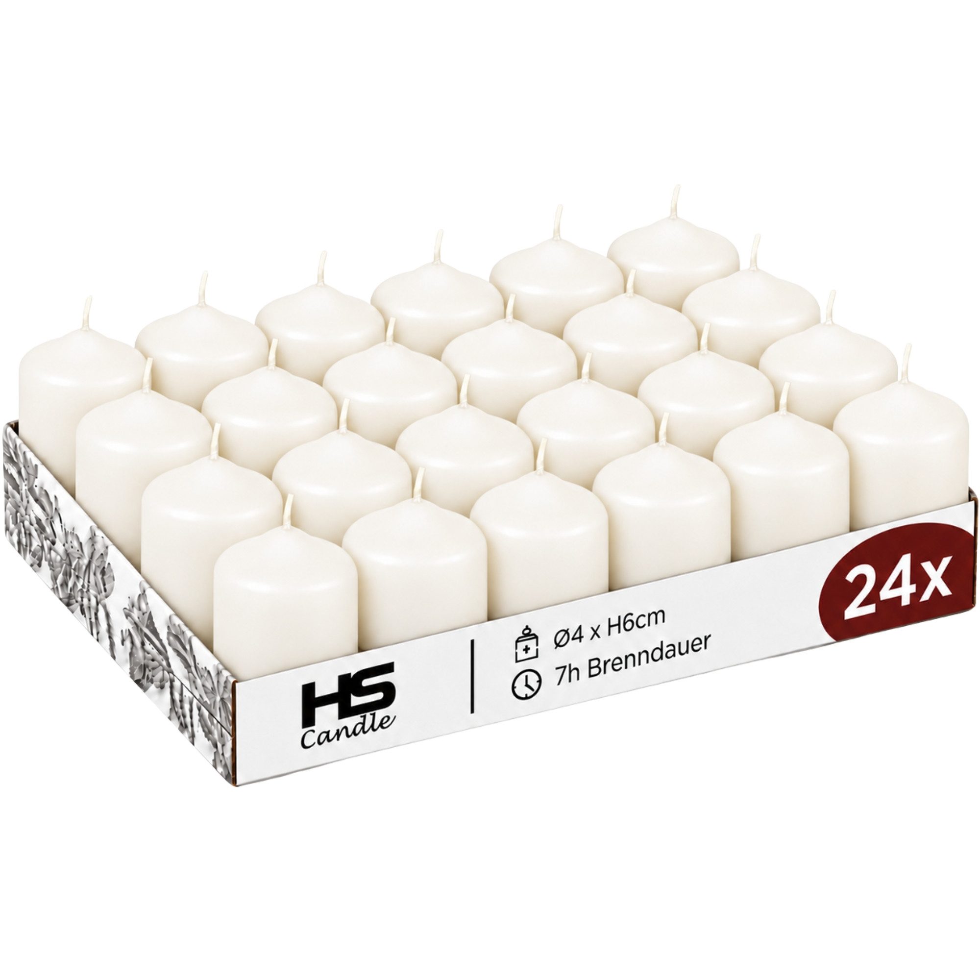 HS Candle Stumpenkerze Set kompakt und unparfümiert, Ø4cm x H6 cm (24-tlg., Dekolicht), bis zu 7h Brenndauer je Kerze, Wachsmischung, Made in EU