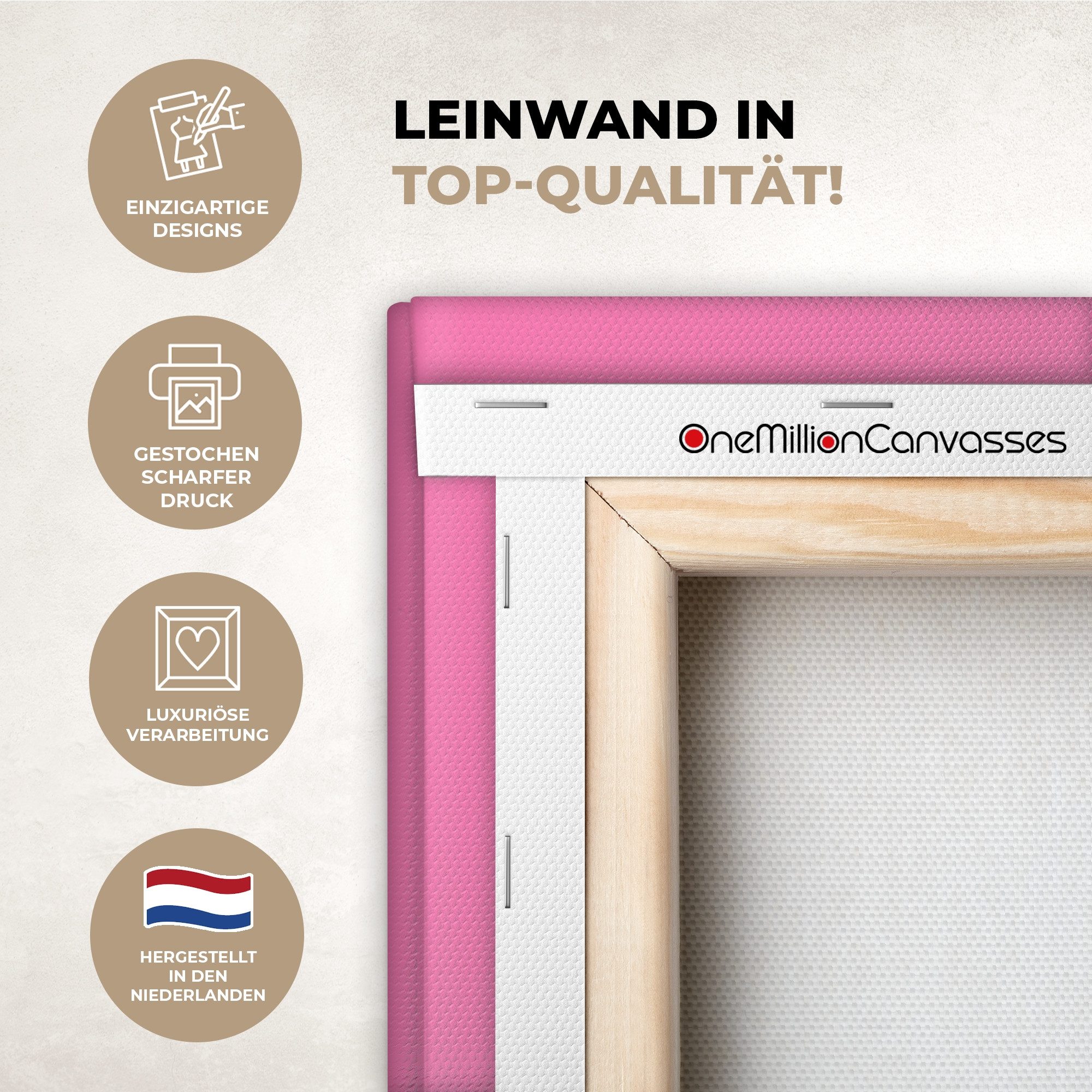 OneMillionCanvasses® Leinwandbild Rosa - Grün - Bonjour - Bio, Fotodruck (1 St), Wandbild, Deko Schlafzimmer Wohnzimmer Flur 20x20 cm