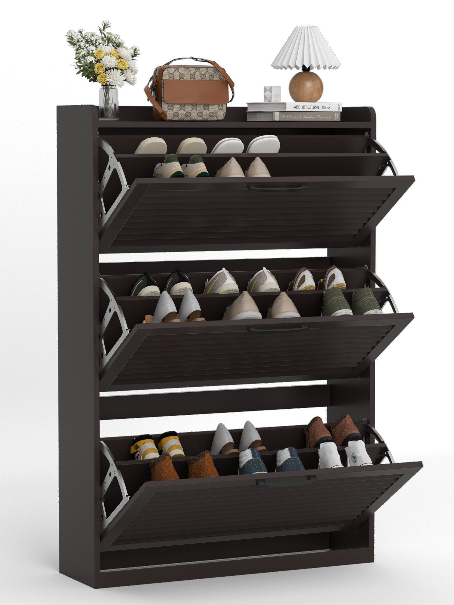 FiveWillowise Schuhschrank Schmal, Schuhkipper Schuhregal Schuhkommode, Schuhaufbewahrung (1-St) mit Lamellentür, 3 Klappen, und 6 Verstellbar Ablageflächen