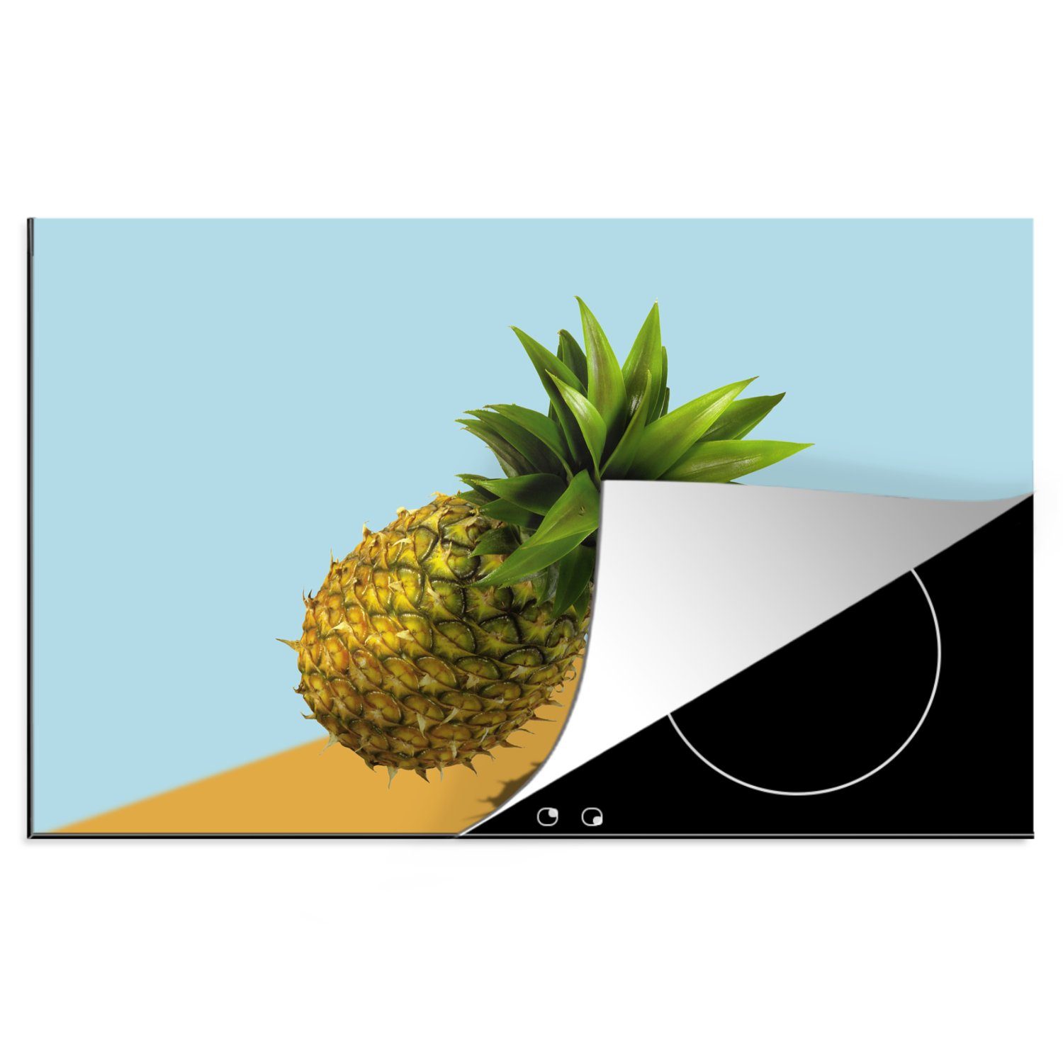 MuchoWow Herdblende-/Abdeckplatte Ananas - Farbton - Blau - Gelb, Vinyl, (1 tlg), 81x52 cm, Induktionskochfeld Schutz für die küche, Ceranfeldabdeckung