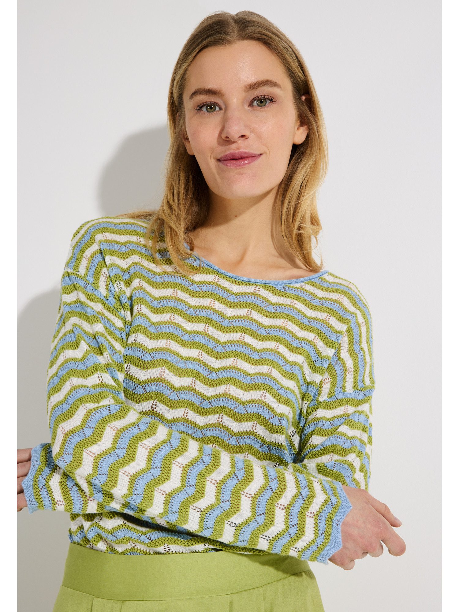 MORE&MORE Rundhalspullover kurzer, gestreifter Ajour-Pullover günstig online kaufen
