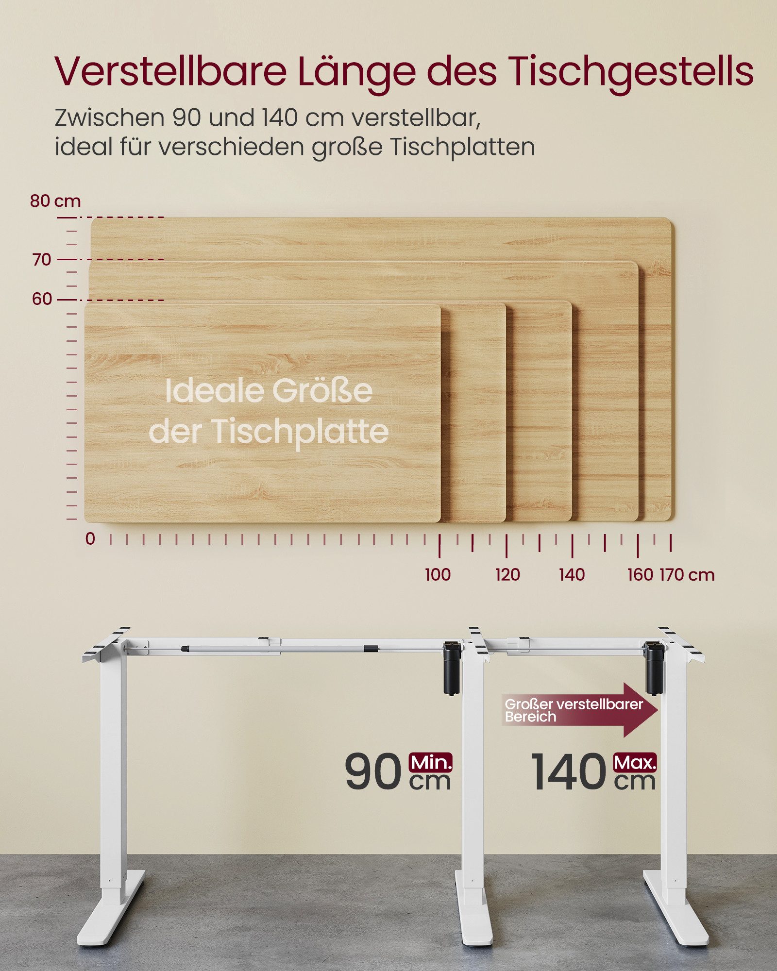 VASAGLE Schreibtisch Höhenverstellbarer Tischgestell, Elektrisch