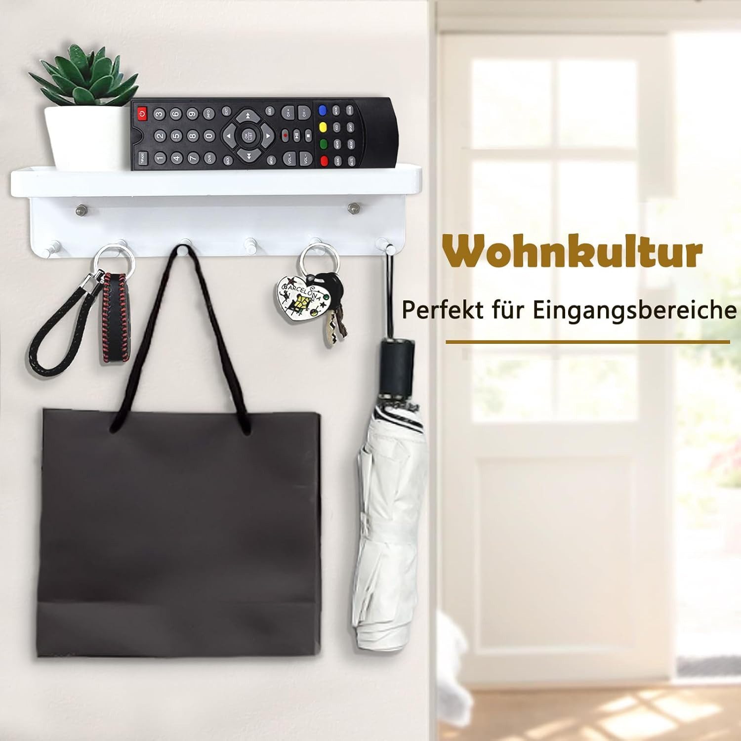 SURFOU Schlüsselbrett Schlüsselbrett mit Ablage, Schlüsselboard Schlüsselhalter ohne Bohren, (Edelstahl Selbstklebend Schlusselhanger Schlüssel Aufbewahrung Schlüsselleiste Wandorganizer Hakenleiste mit 6 Haken, Weiß/Schwarz, Schlüsselbrett), Edelstahl mit 6 Haken