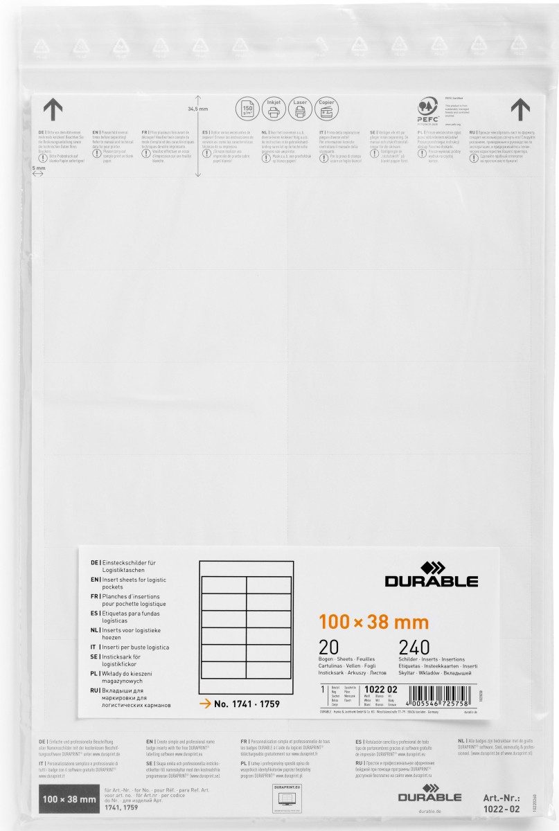 Fächermappe Einsteckschild für Logistiktasche 100x38mm weiß VE=240 Stück