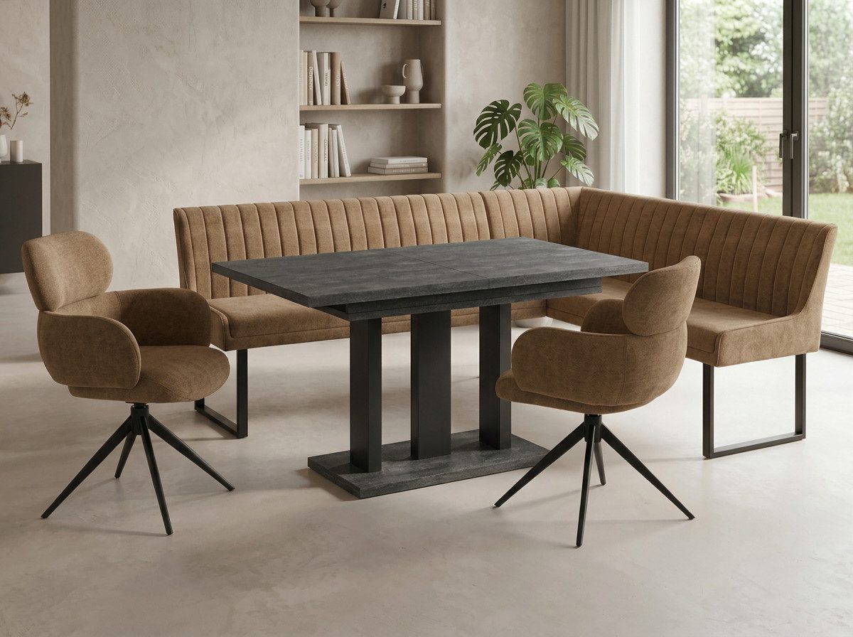 Endo-Moebel Eckbankgruppe Eckbankgruppe Esstisch ausziehbar 2 Stühle Eckbank Farbauswahl Set, (Eckbankgruppe, Eckbankgruppe inklusive Eckbank, Tisch und 2 Drehstühlen), Chenille 310 g/m², 360° Drehstühle, Auto-Return, Synchronauszug