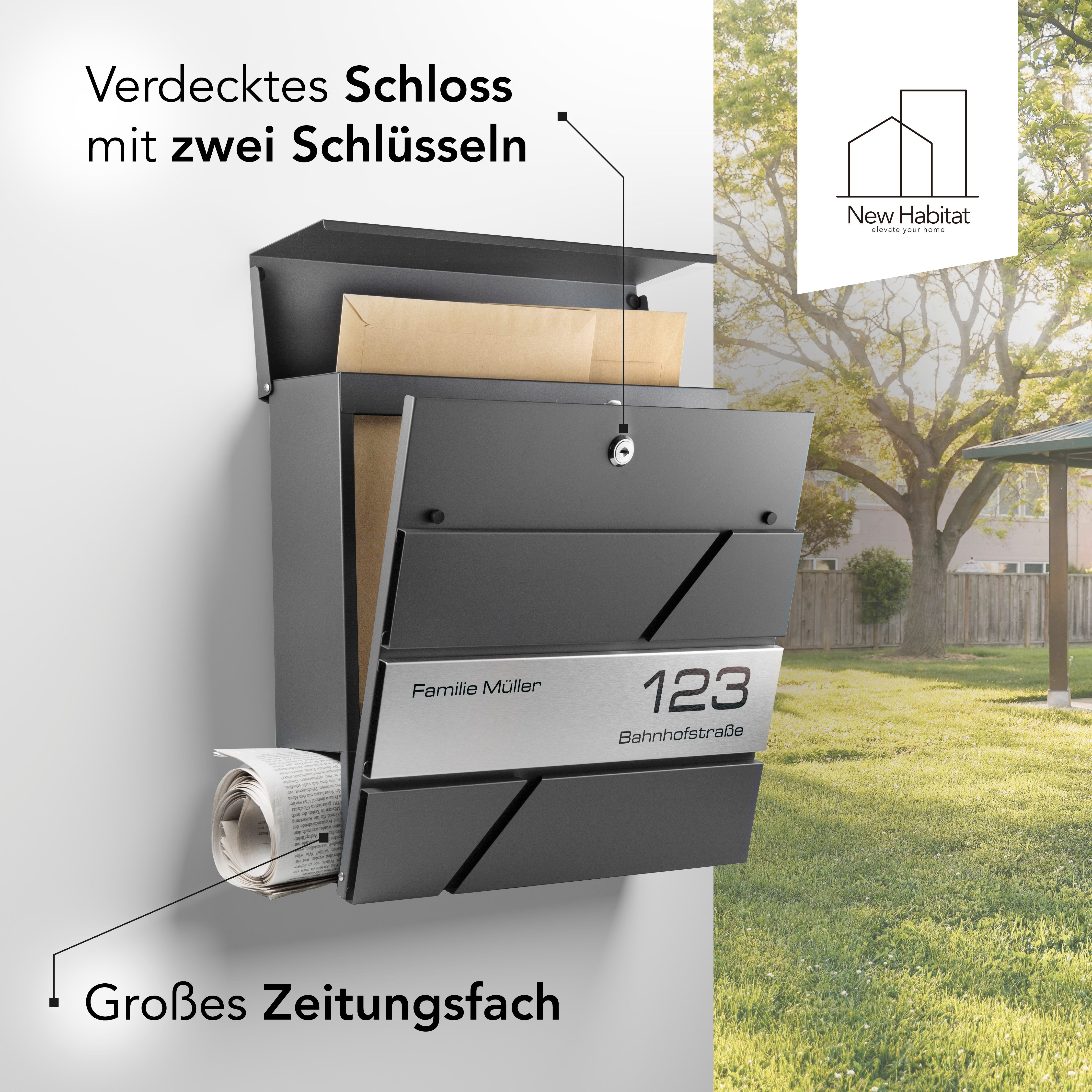 NewHabitat Briefkasten Moderner Wandbriefkasten Personalisierbar Anthrazit RAL7016 (Komplettset, Modell: Paris), Rostfrei