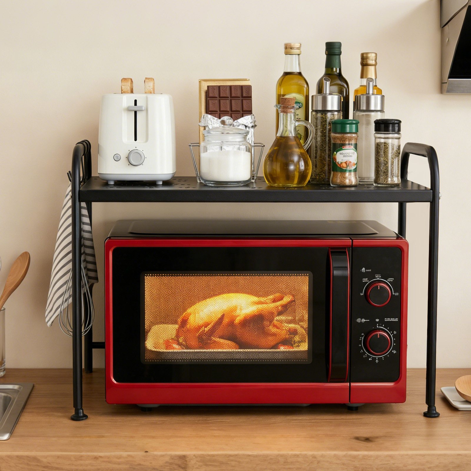 Sekey Mikrowellenteller Mikrowellenregal mit Ablage und 3 Haken Küchenregal Metall Schwarz – Bild 4 von 5