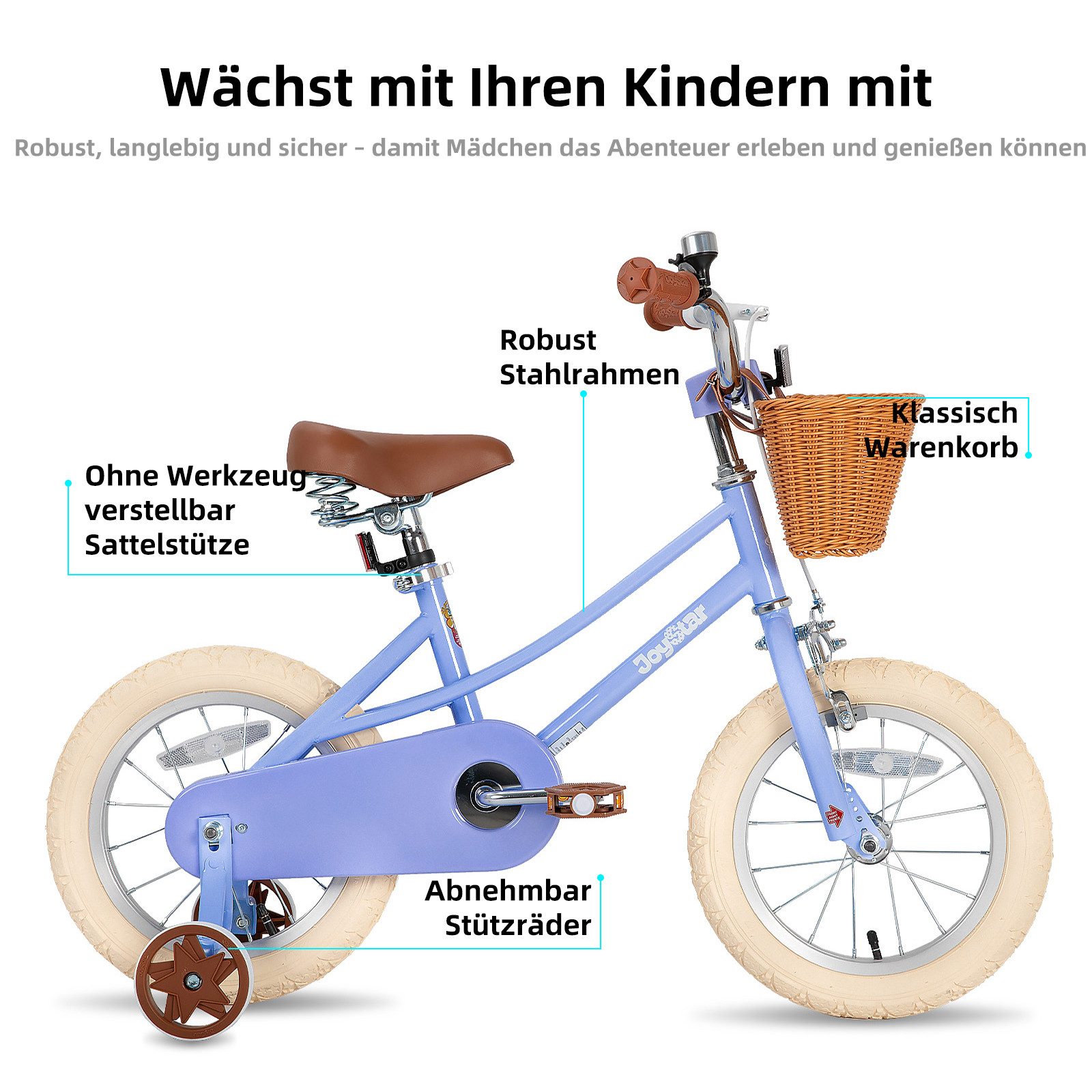 JOYSTAR Kinderfahrrad 12/14/16/18/20 Mädchenfahrrad für 2-13 Jahre alte Kinder, 12" 14" 16" Kinderfahrrad mit Stützrädern & Korb, 20 Zoll mit Ständer