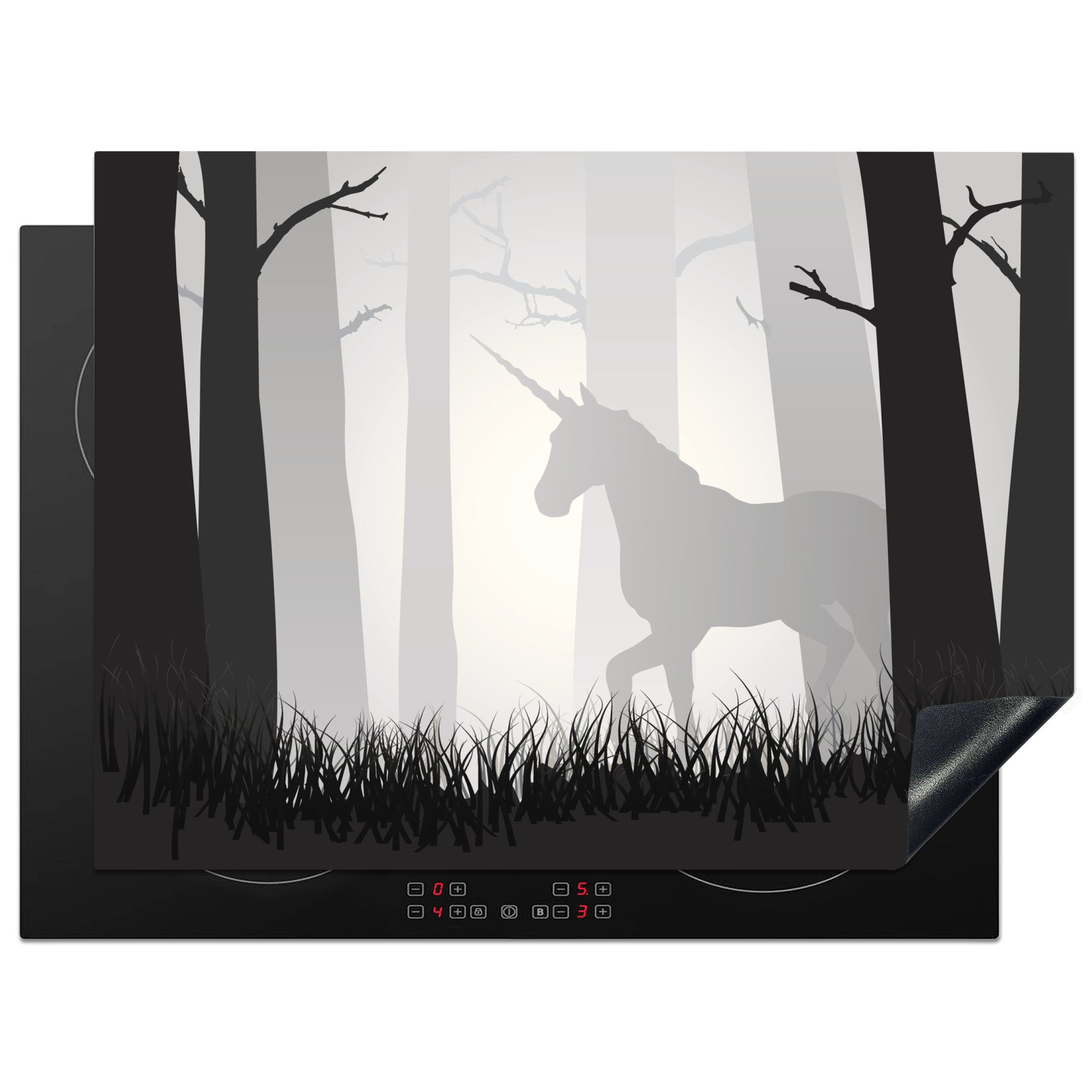 MuchoWow Herdblende-/Abdeckplatte Eine Illustration eines Einhorns in einem nebligen Wald - Mädchen -, Vinyl, (1 tlg), 70x52 cm, Mobile Arbeitsfläche nutzbar, Ceranfeldabdeckung