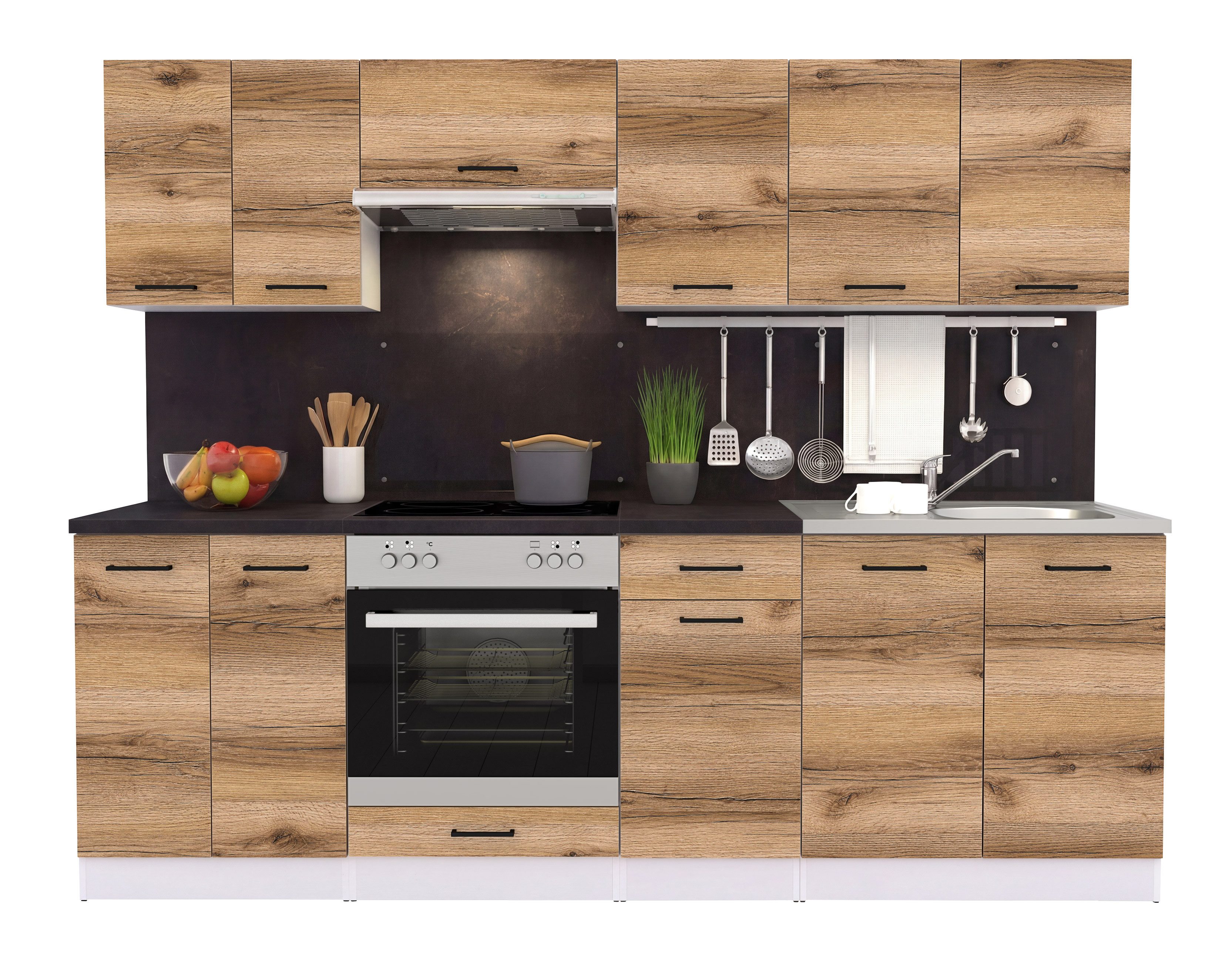 FIWODO.de - Dein Möbelwerk im Internet Küche Küchenzeile 240cm mit Elektrogeräten, Spülbecken und Arbeitsplatte, (Set), mit E-Geräten, Breite 240cm, mit Spülbecken, mit Arbeitsplatte