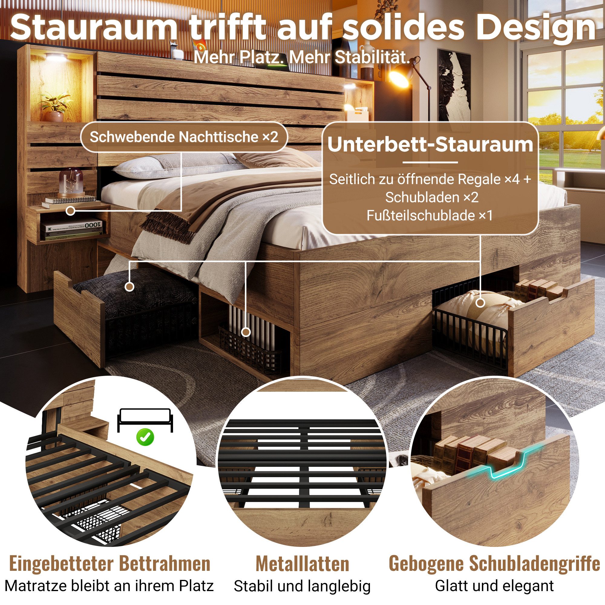 MODFU Holzbett Funktionsbett mit umfassendem Stauraum-System, mitLED-Beleuchtung, (Doppelbett, Funktionsbett, mit USB-/Type-C-Anschlüssen & offenen Kopfbrett-Regalen,180x200 cm), mit 4 Seitenfächern, 3 Schubladen & Nachttischen.ohne Matratze