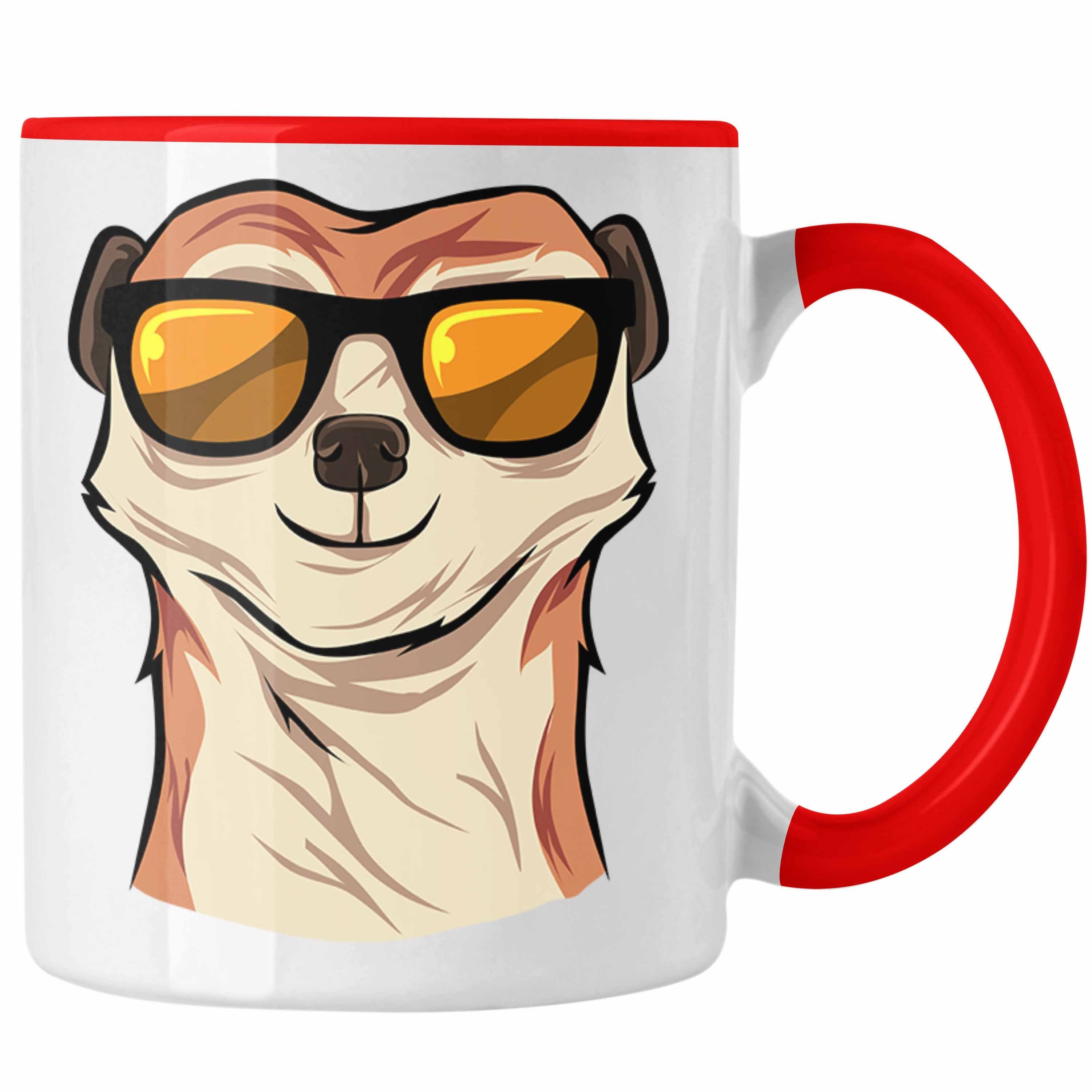 Trendation Tasse Lustige Erdmännchen Sonnenbrille Tasse Geschenk für Tierliebhaber Rot