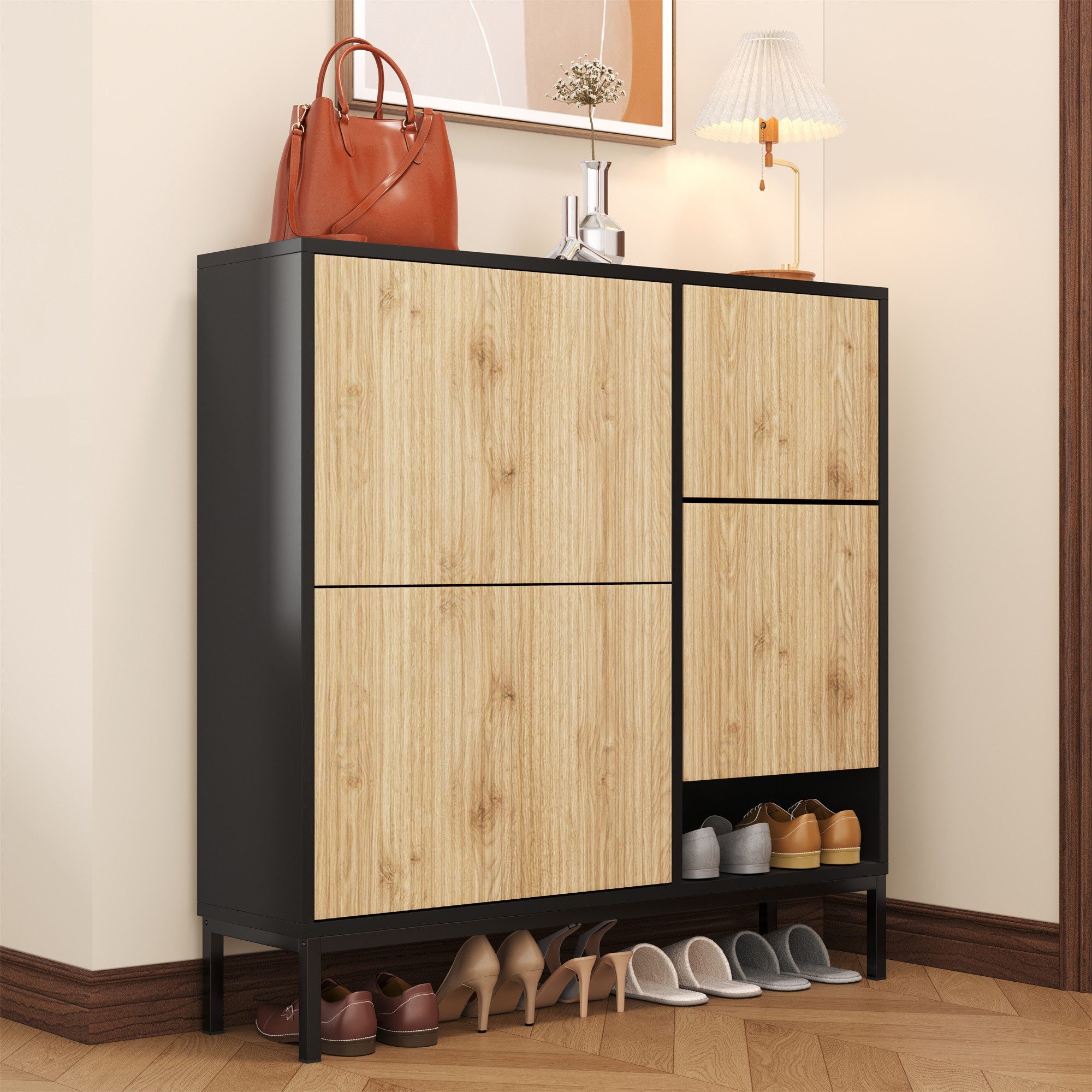 STILVORA Schuhschrank mit Schuhwechselhocker,Schuhregal Aufwahrungsschrank mit Klapptüren (Schuhregal, Schuhkommode, 1-St., Schuhregal mit drei Klappen) mit Schuhwechselhocker, offenem Stauraum
