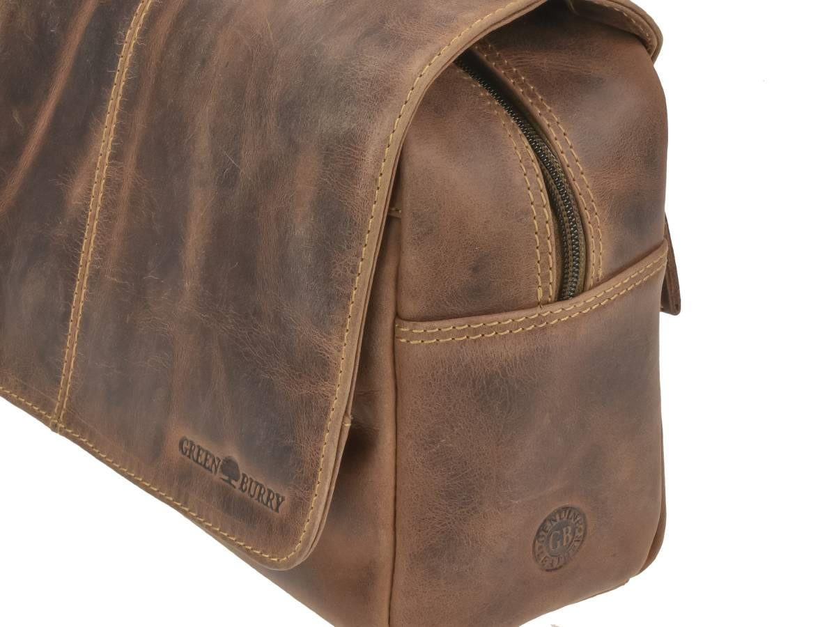 Greenburry Kulturbeutel "Vintage" Leder Kulturtasche zum Aufhängen zum Anhängen antik braun, Kosmetikbeutel, Waschtasche, für Damen und Herren, braun
