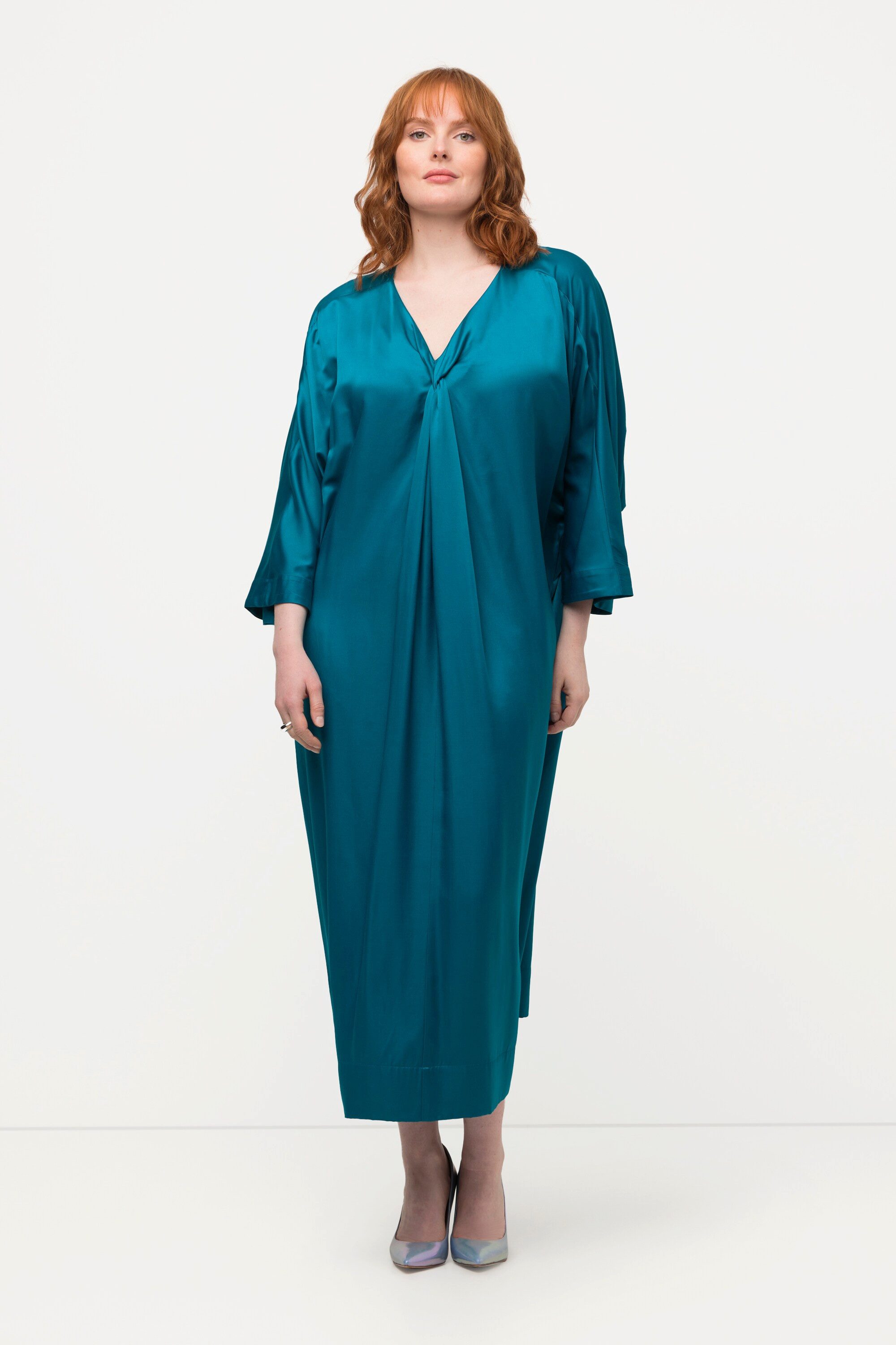 Ulla Popken Maxikleid Midikleid Satin V-Ausschnitt Halbarm Taschen