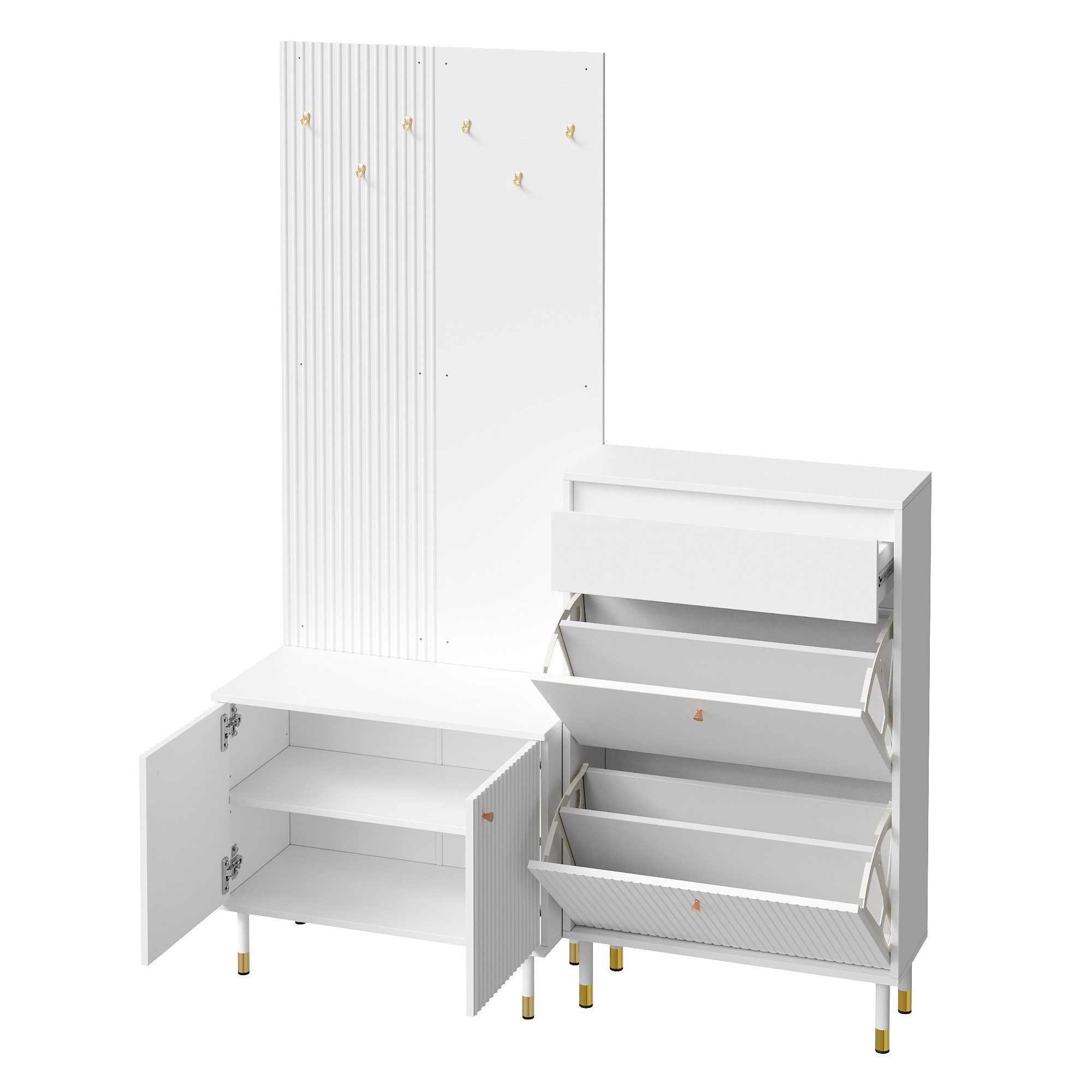 Merax Garderoben-Set mit 6 Haken, Schuhschrank mit Klappfächern und Schublade, (1-St), zweitüriger Aufbewahrungsschrank Garderobenwand Flurmöbel – Bild 5 von 5