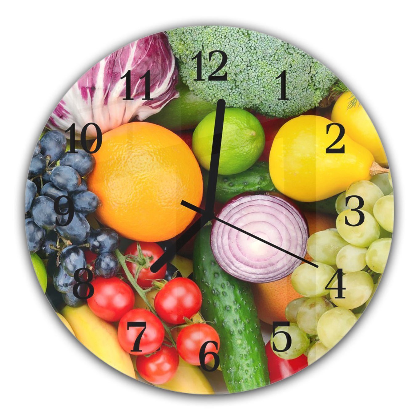 Primedeco Wanduhr Wanduhr aus Glas mit Motiv Frisches Gemüse und Obst - Rund mit Durchmesser 30 cm und Quarzuhrwerk