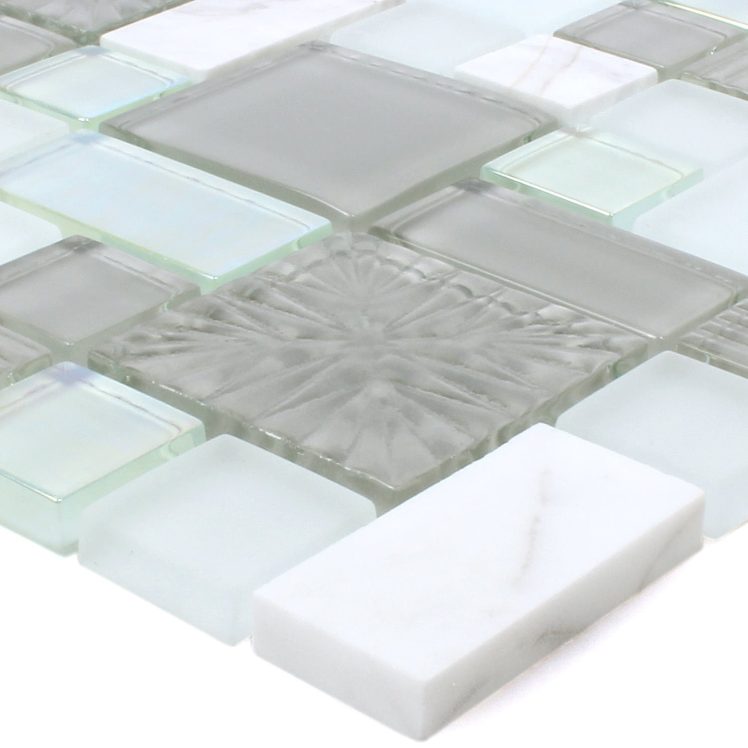 Mosafil Mosaikfliesen Glasmosaik Naturstein Fliesen Norderney, Naturstein-Glas-Marmor 30.000x30.000, weiß-grau-flaschengrün, Verlegefertig auf ein Netz geklebt - Frostsicher - Wasserfest