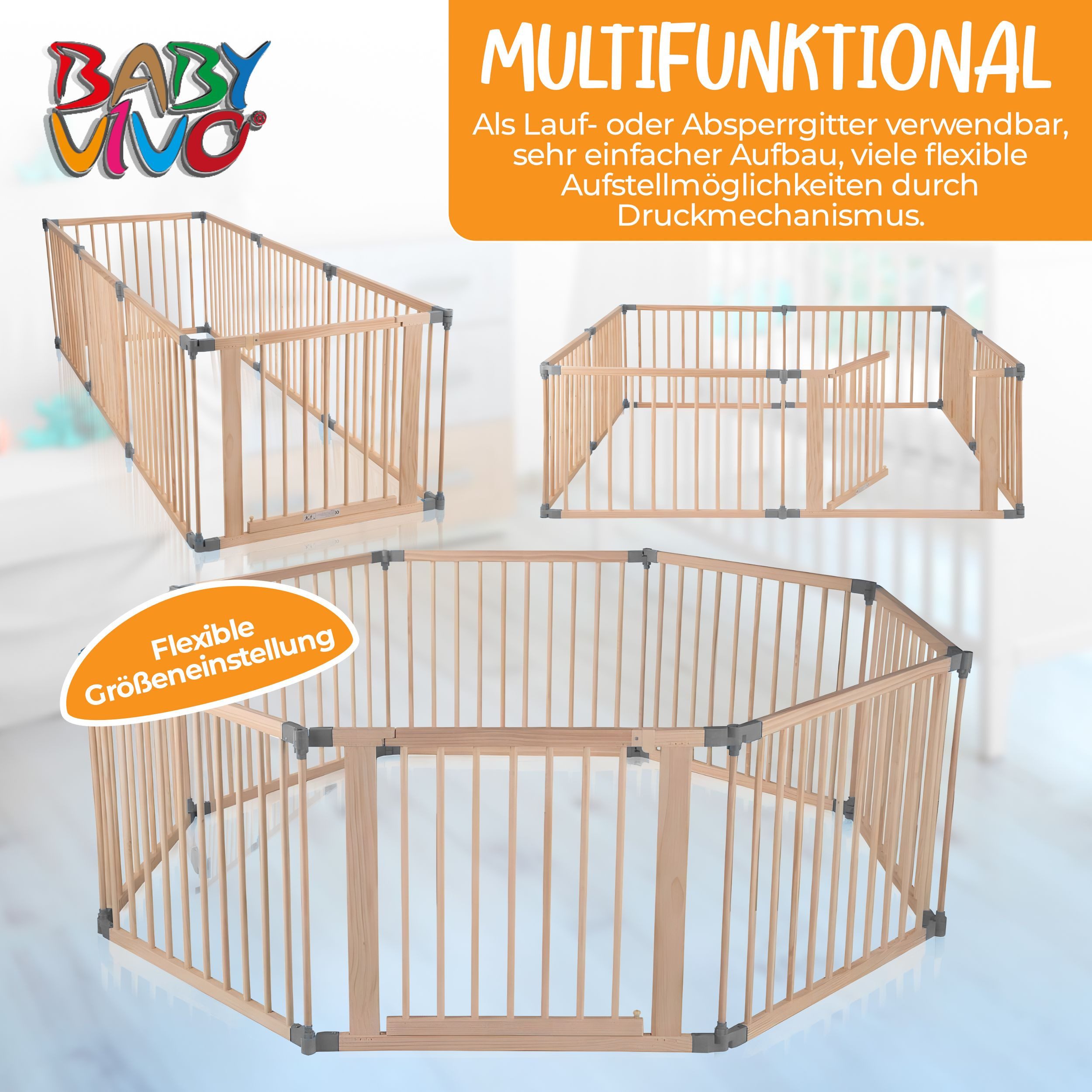 Baby Vivo Laufgitter aus Holz - individuell verstellbar - PREMIUM in Grau