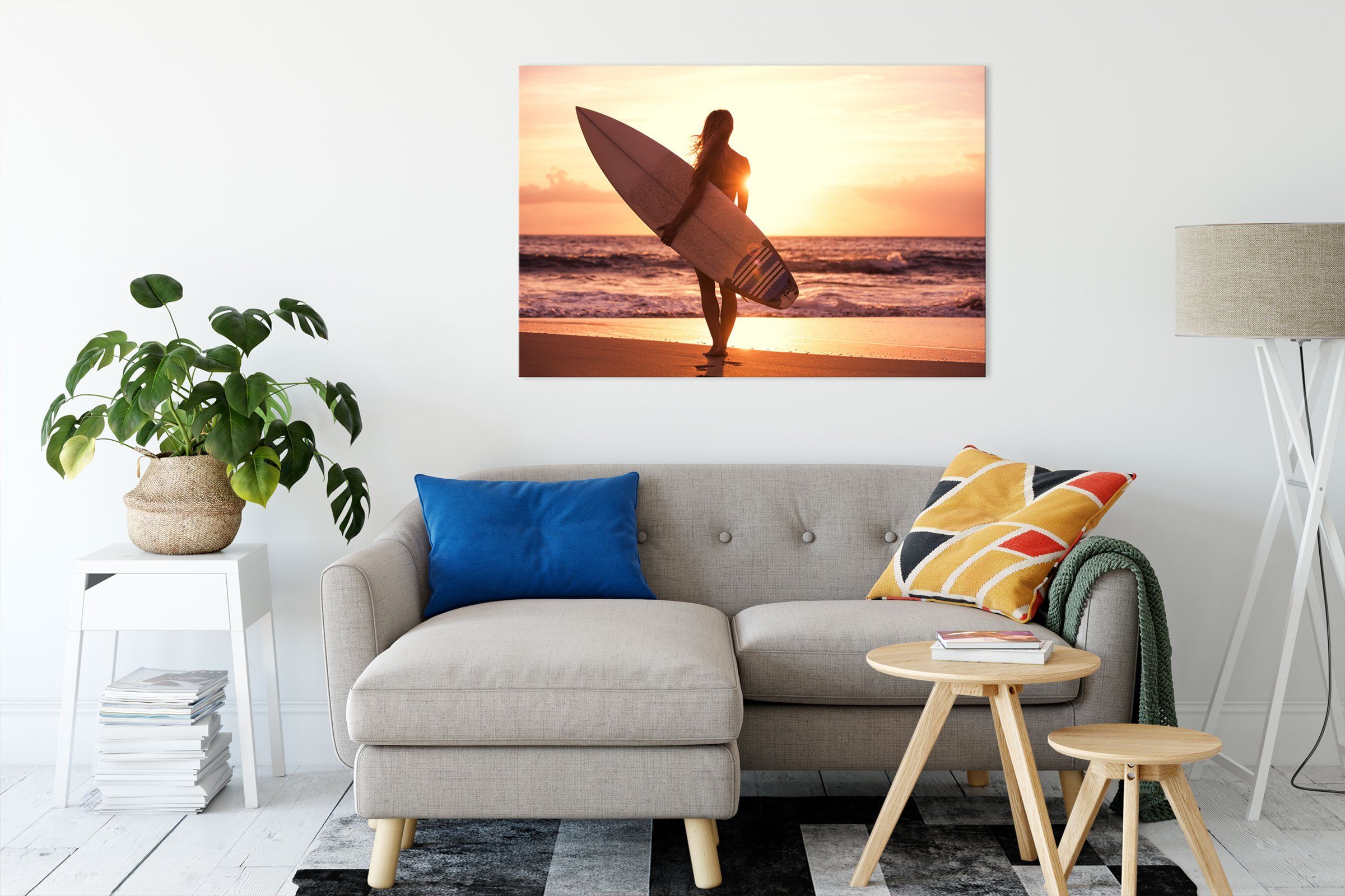 Leinwandbild Zackenaufhänger (1 bespannt, inkl. fertig St), Pixxprint Leinwandbild Surferin Sonnenuntergang Surferin vor Sonnenuntergang, vor