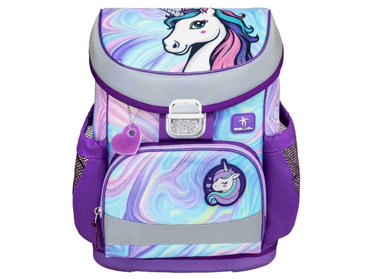 Belmil Schulranzen "Mini-Fit" 2026 für kleine Kinder 1. Klasse (Set, 4-tlg., mit Sportbeutel, Federtasche, Schlamper, Brustgurt), Einhorn, Grundschule, Einschulung, für Mädchen