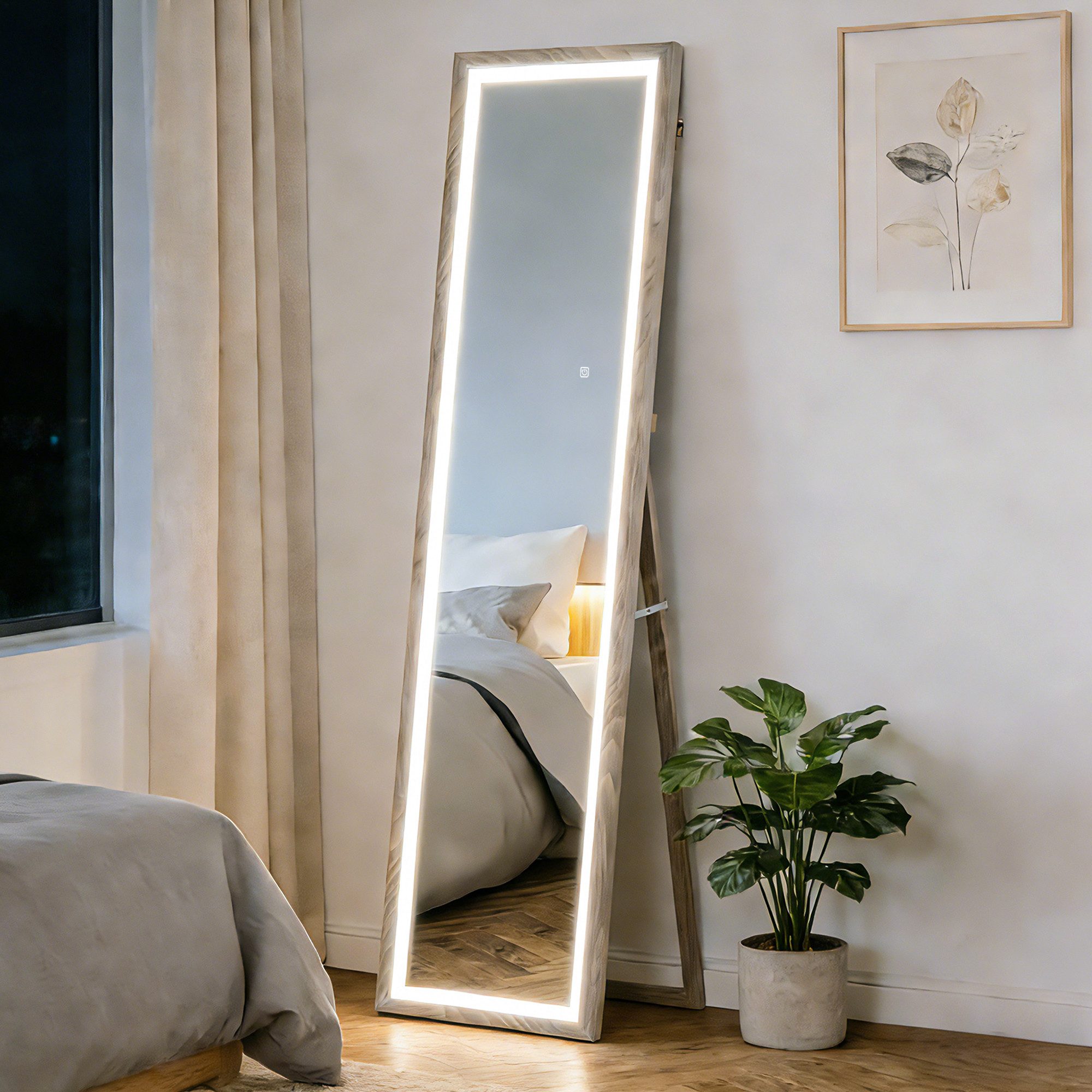 HOMCOM Standspiegel Ganzkörperspiegel 40 x 160 cm mit LED-Lichte, 3 Lichtfarben (Wandspiegel, 1-St., Ganzkörperspiegel), für Schlafzimmer, Wohnzimmer, Grau