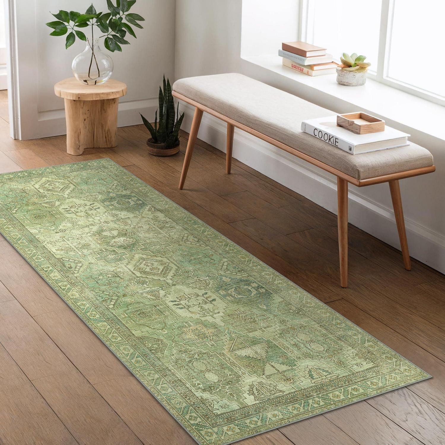 LuxusKollektion Läufer Läufer 80x300cm Grasgrün Vintage Waschbar, rechteckig, Höhe: 5 mm