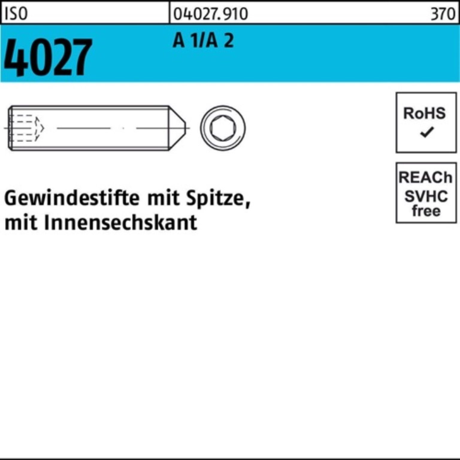 Reyher Gewindebolzen 500er Pack Gewindestift ISO 4027 Spitze/Innen-6kt M5x 8 A 2 500 Stück