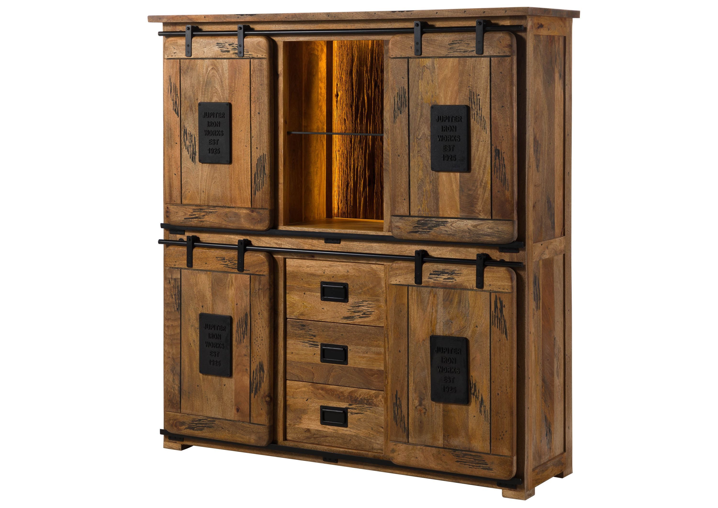 Massivmoebel24 Highboard RAILWAY LUX (Massivholz), Mango / Altholz 150x45x160 natur lackiert RAILWAY LUX #120