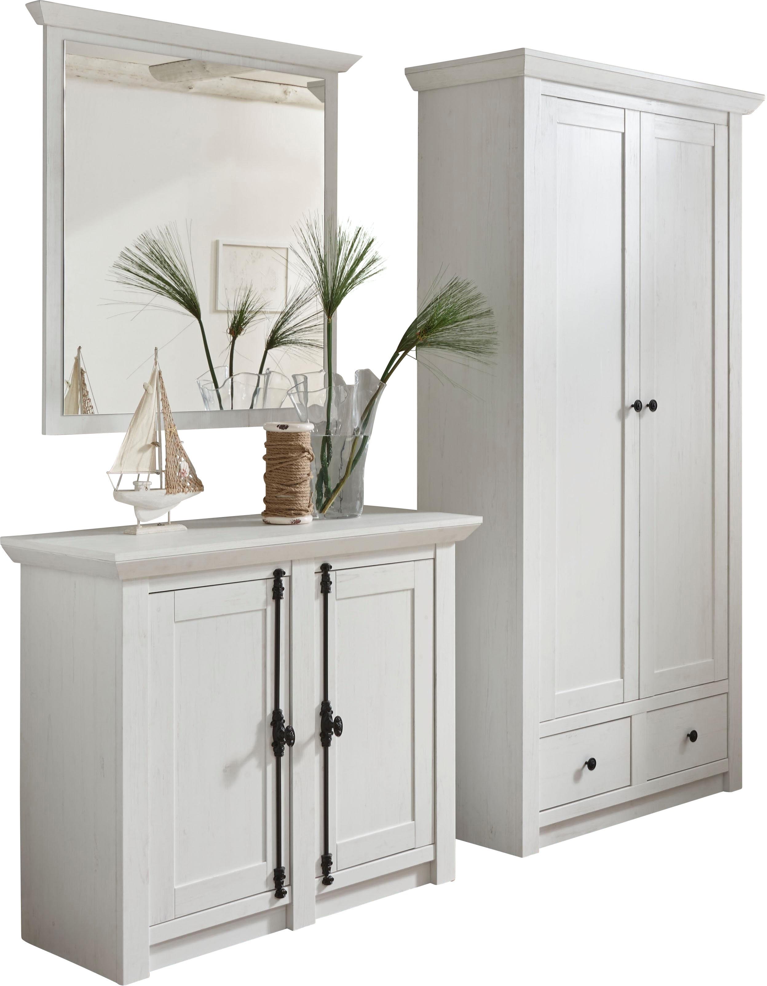 Home affaire Garderoben-Set California, Komplettset im Landhausstil, moderne Garderobe, (Set, 3-St), enthält Garderobenschrank, Spiegel und Kommode, 220 cm breit