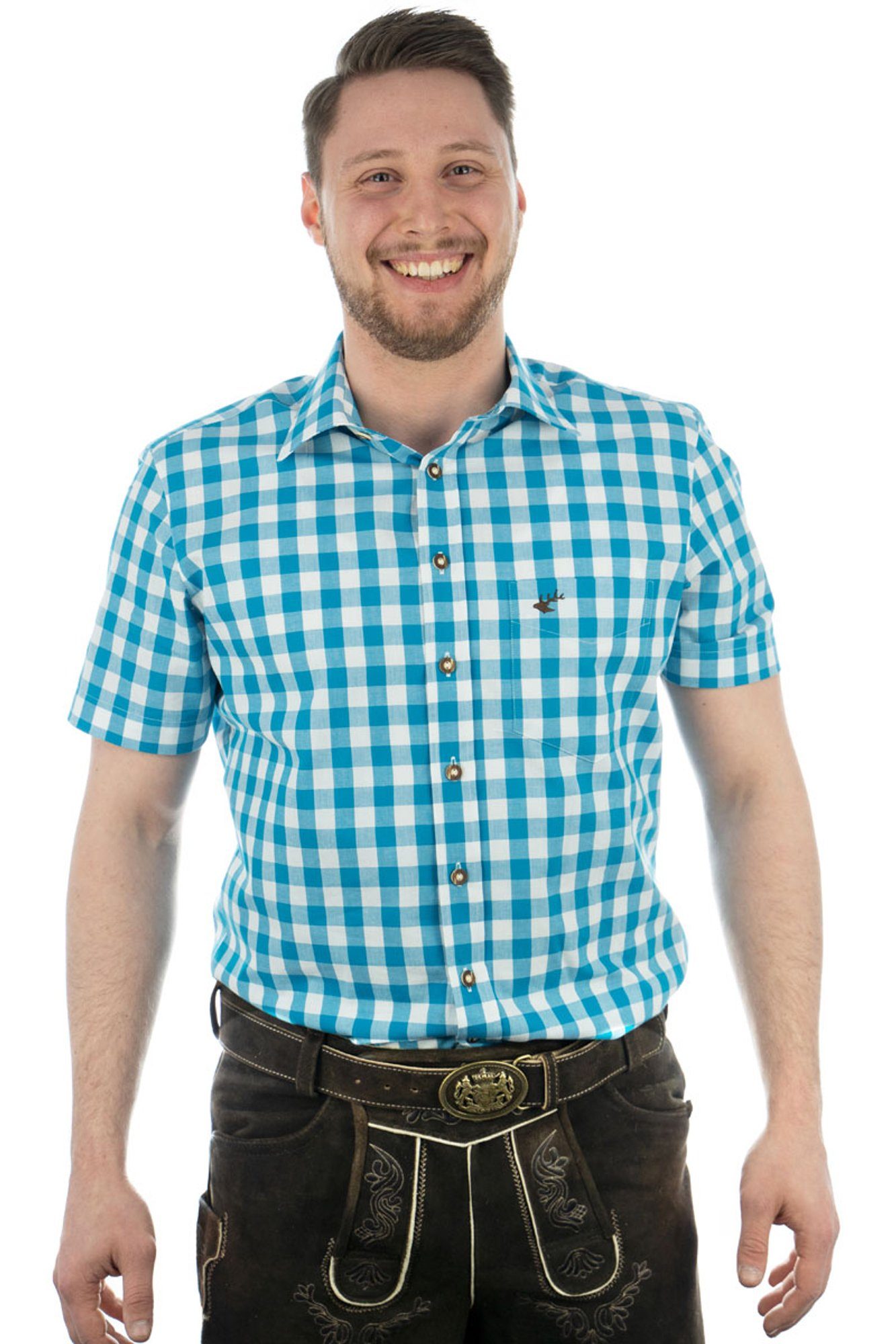 OS-Trachten Trachtenhemd Iluvu Kurzarmhemd mit aufgesetzter Brusttasche mit  Hirsch-Stickerei
