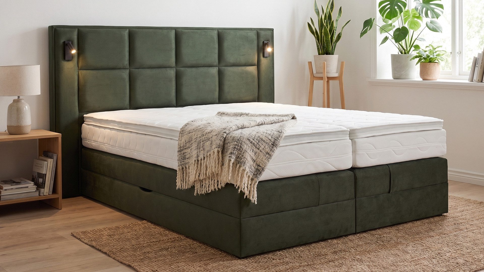 PAARA Boxspringbett mit Bettkasten und Beleuchtung inkl. Matratze und Topper, mit innovativem Belüftungssystem
