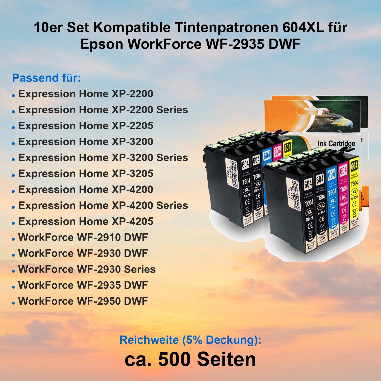 D&C 10er Set Kompatible Patronen 604XL für Epson WorkForce WF-2935 DWF Tintenpatrone