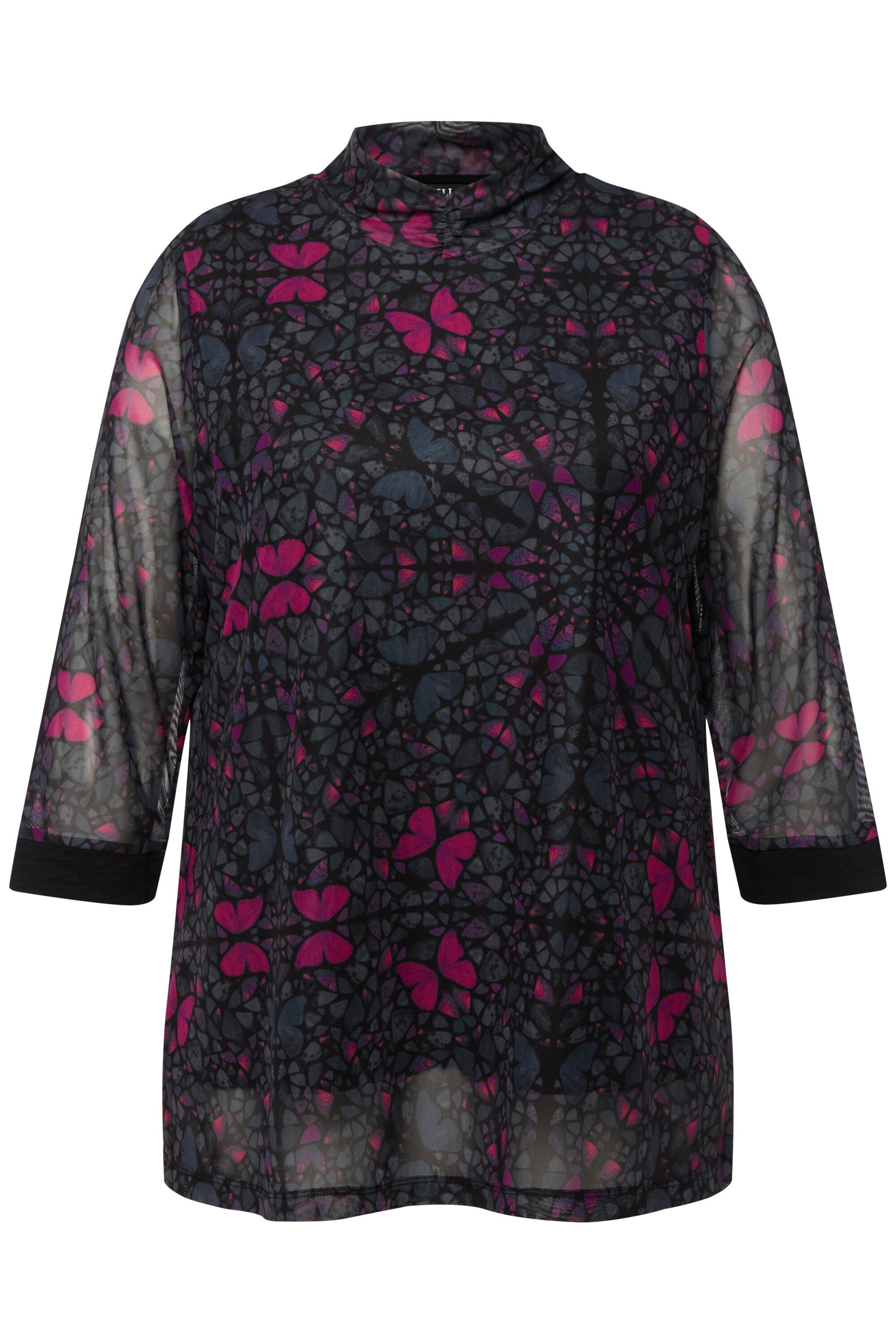 Longshirt Mesh-Shirt A-Linie doppellagig Stehkragen 3/4-Arm