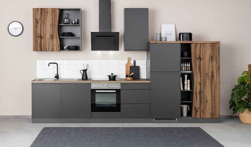 Kochstation Küche KS-Bruneck, 380cm breit, wahlweise mit oder ohne E-Geräte, hochwertige MDF-Fronten