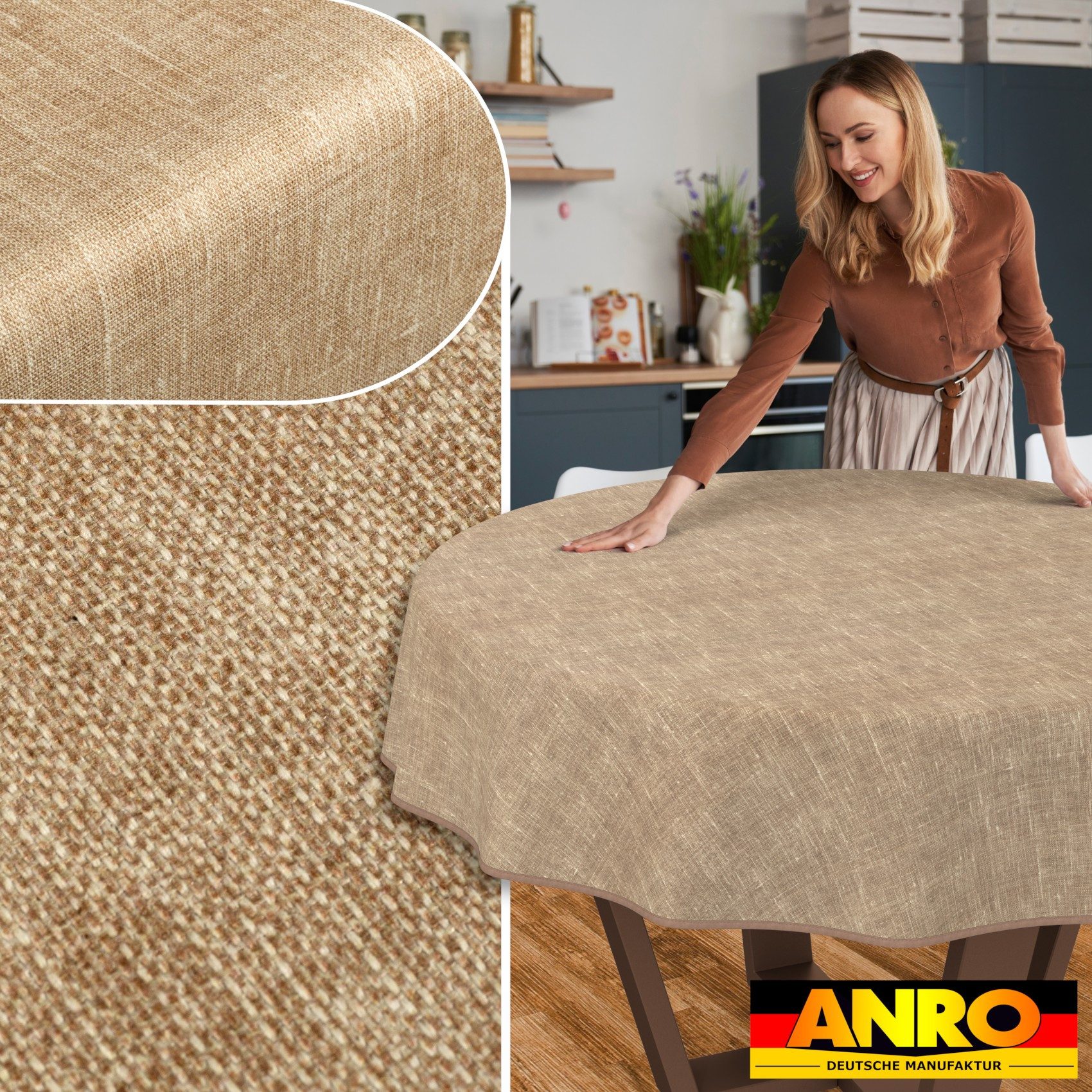 ANRO Tischdecke Alica Leinen Melliert Tischwäsche (Einzelstück 1-tlg), wasserabweisend Melliert Sandbraun Rund 100cm – Bild 5 von 5